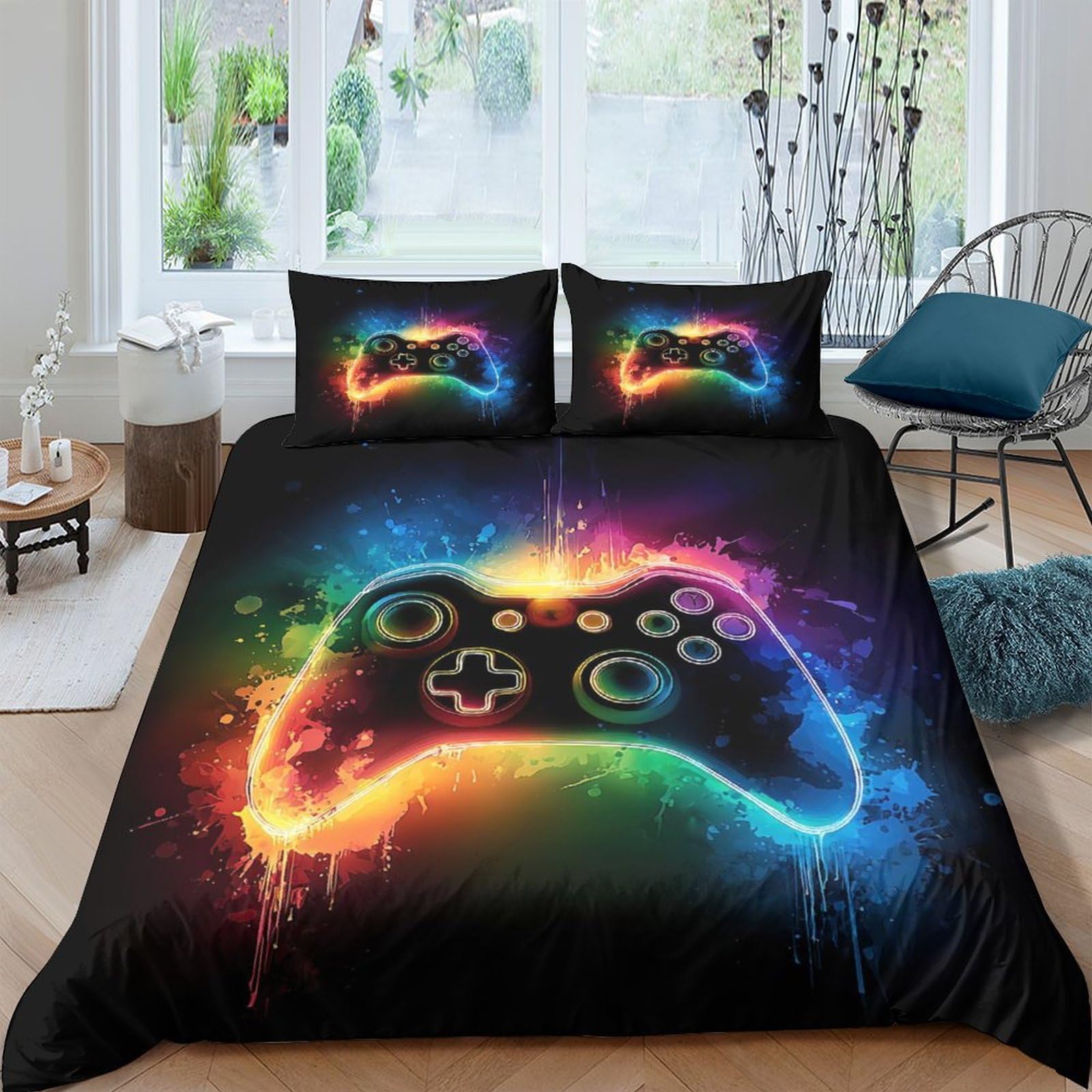 Ctjqhvkz Style-4 3D Printed Neon Game Controller Fitted Sheet Microfiber Soft Breathable Rainbow Bed Sheet For Bedroom Dorm Decor Single（135X200cm）