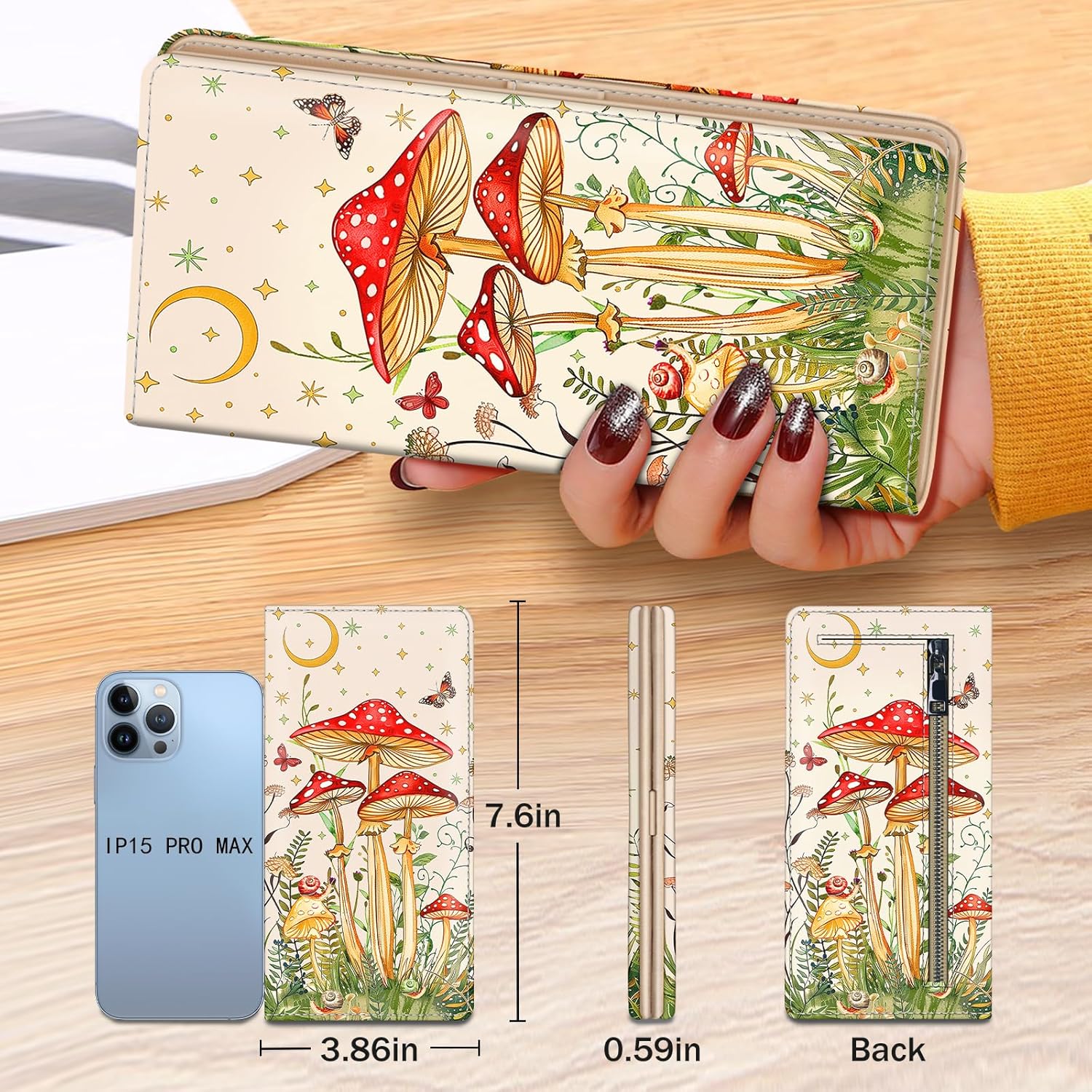 Immaturus Mushroom Womens Wallet, Slim Thin RFID Blocking Card Wallets, Bifold PU Leather Credit Card Holder Organizer, Cute Cash Clutch Long Billfold with Zipper Coin Pocket Ladies Girls Gift - Image 6