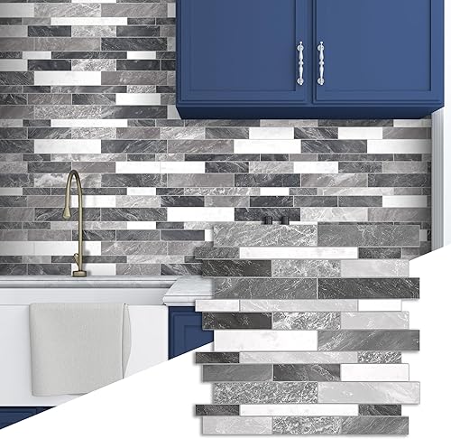 SUNWINGS Azulejos autoadhesivos compuestos de piedra para salpicaduras de pelar y pegar, 12 x 11.22 pulgadas, 10 unidades de color gris y blanco
