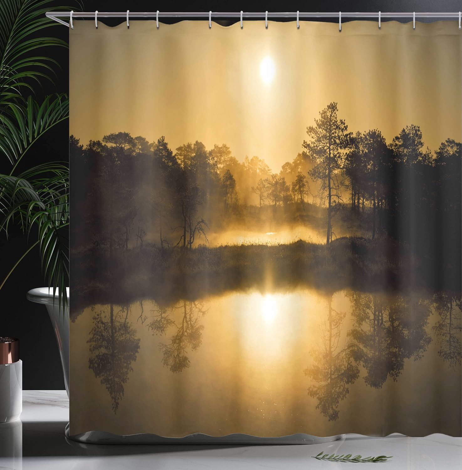 Ambesonne Nature Shower Curtain, Idyllic Sunrise in The Bog with Tree Reflections on Lake Misty Morning Scenery, Cloth Fabric Bathroom Decor Set with Hooks, 69" W x 84" L, Sepia