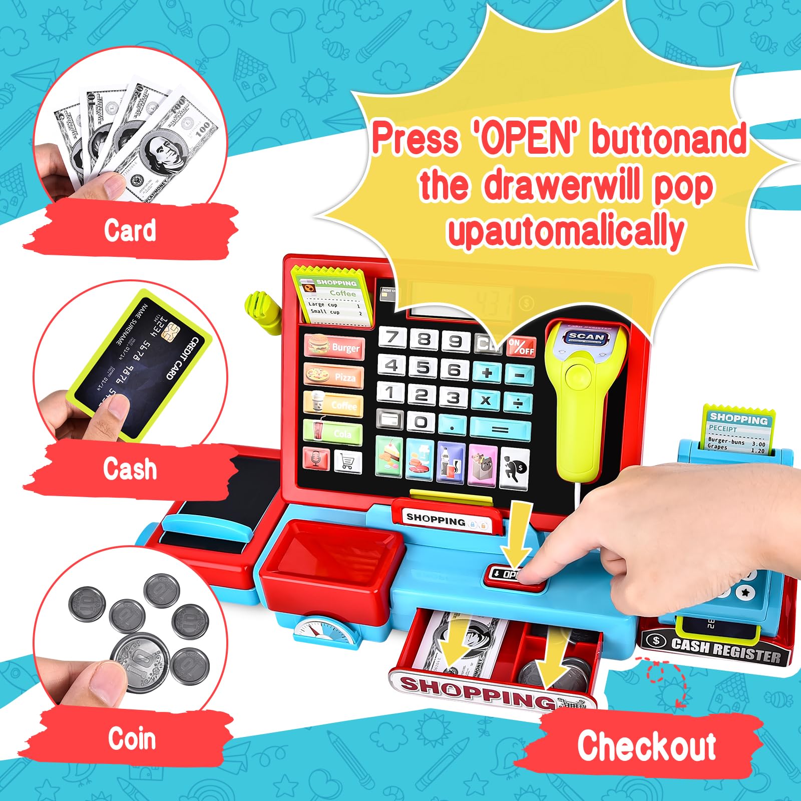 Joellfuner Registratore di Cassa Giocattolo, Supermercato Giocattolo per Bambini, Con 46 Accessori (Vera Calcolatrice/Scanner/Soldi Finti/Cibo, Ecc.), Giocattolo Per Bambini 3+ Anni