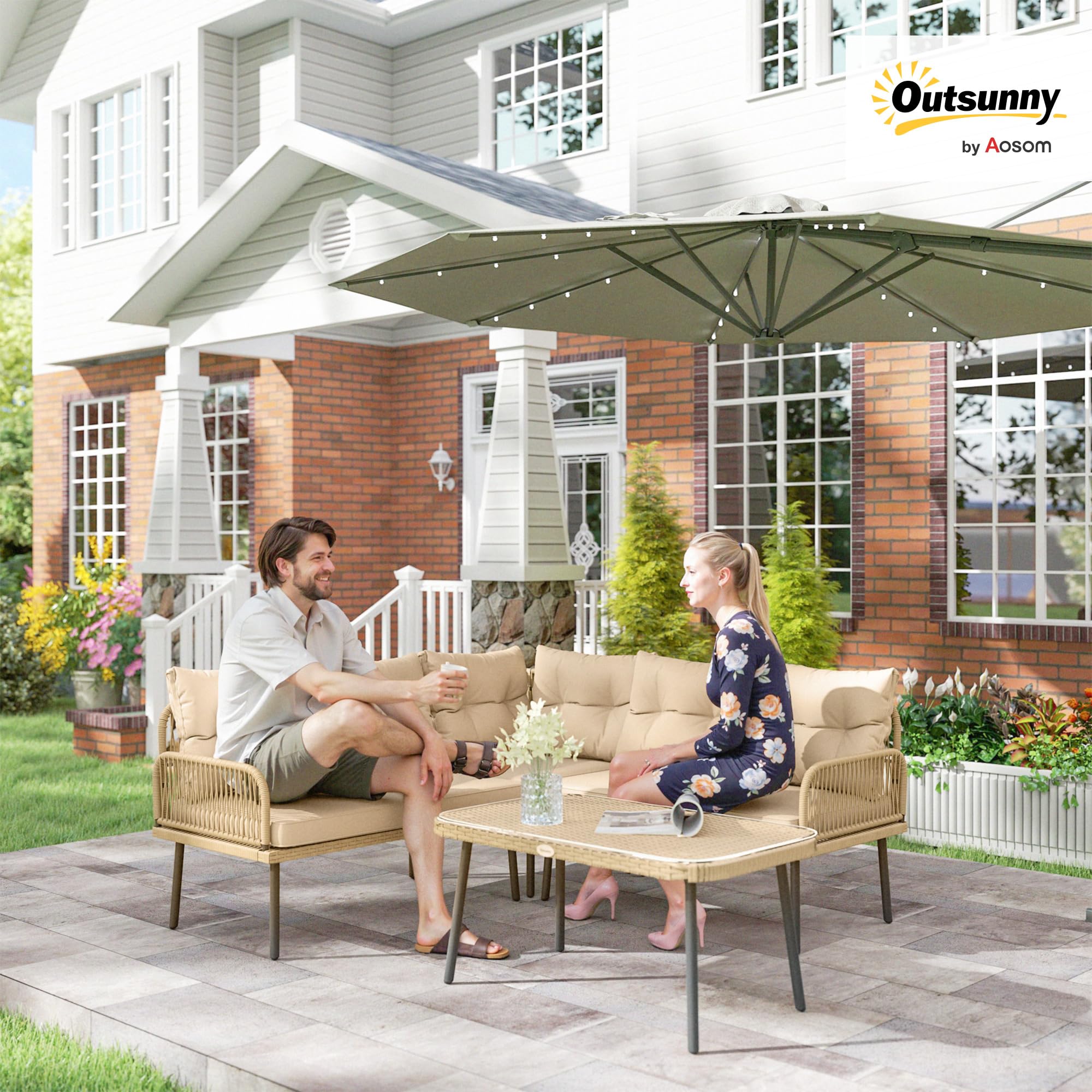 Outsunny Set di Mobili da Giardino in Rattan 4 Pezzi, Salotto da Esterno con 2 Divano a 2 Posti, Poltrona Angolare, Tavolino da Caffè in Vetro e Cuscini Lavabili, Struttura in Acciaio, Naturale/Beige