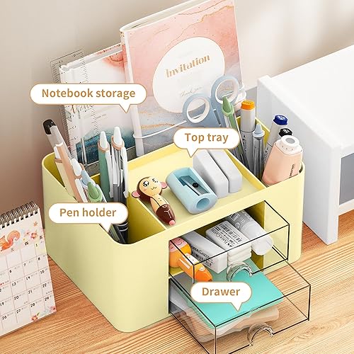 Miniatura 10 de Marbrasse Organizador de bolígrafos con 2 cajones, soporte multifuncional para escritorio, organizadores de escritorio y accesorios con 5 Gris