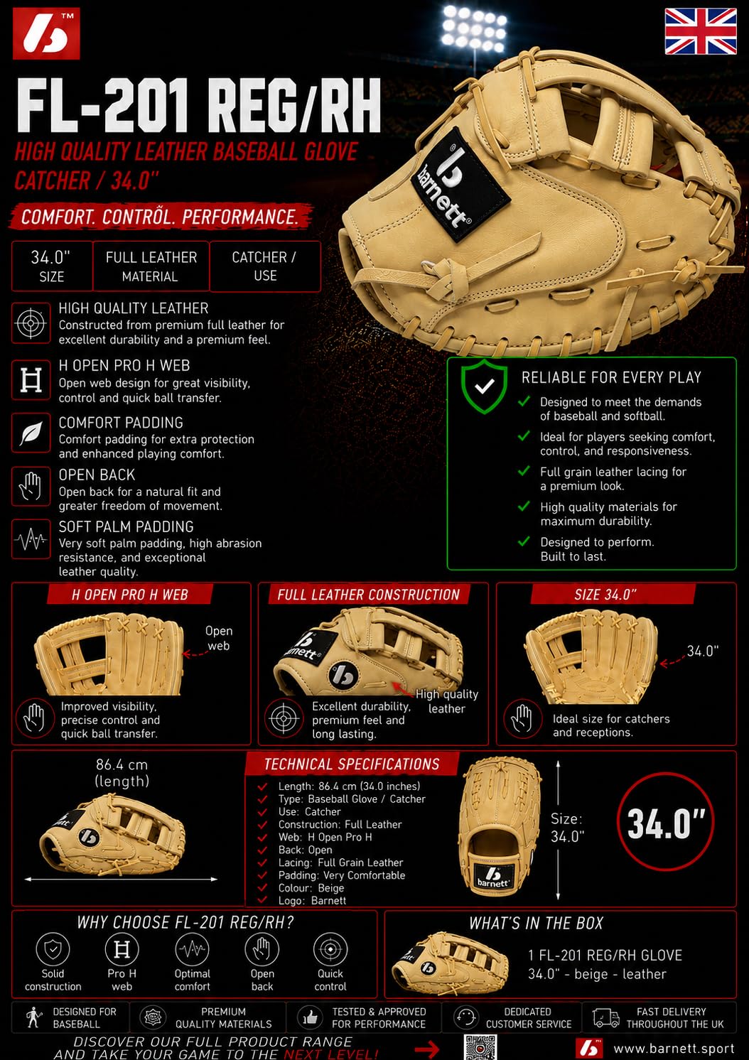 FL-201 Guante de béisbol de cuero Catcher, beige (REG (para diestro El guante se lleva a la izquierda))