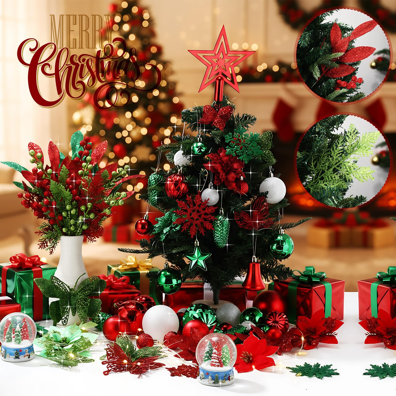 XunYee Lot de 143 décorations à suspendre pour sapin de Noël – Boules incassables – Flocon de neige, papillon, poinsettia, fleurs et baies – Rubans pour décoration de fête (rouge, vert, blanc)