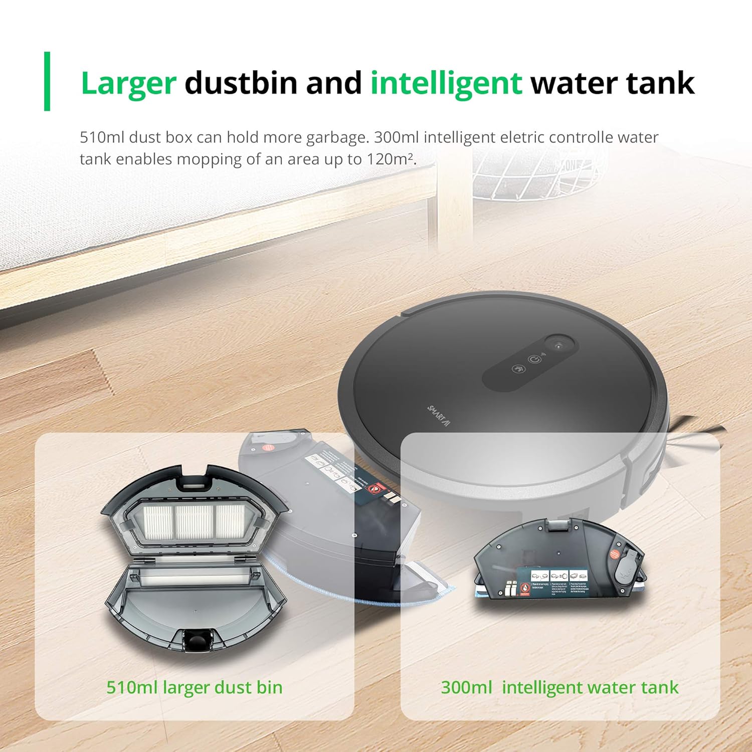 Robot vacuum cleaning various debris like dust, millet, and steel balls, demonstrating 2600Pa suction power