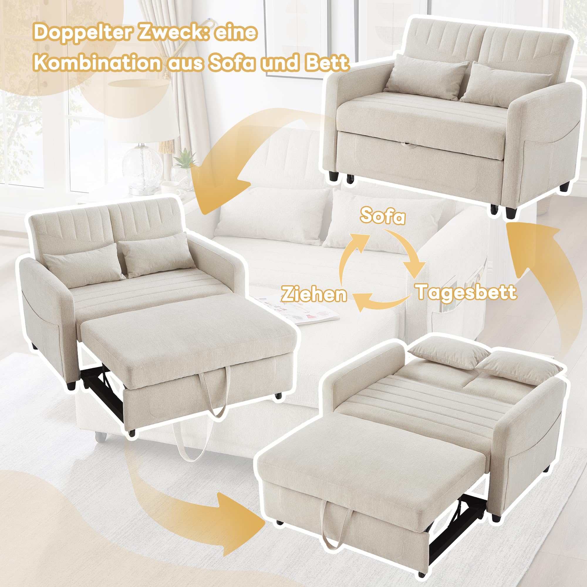 Sofá de dos plazas con función de dormir, sofá plegable con respaldo ajustable, sofá cama extensible, sofá cama con cajón, sofás pequeños para habitaciones pequeñas, 114 x 77 cm, beige