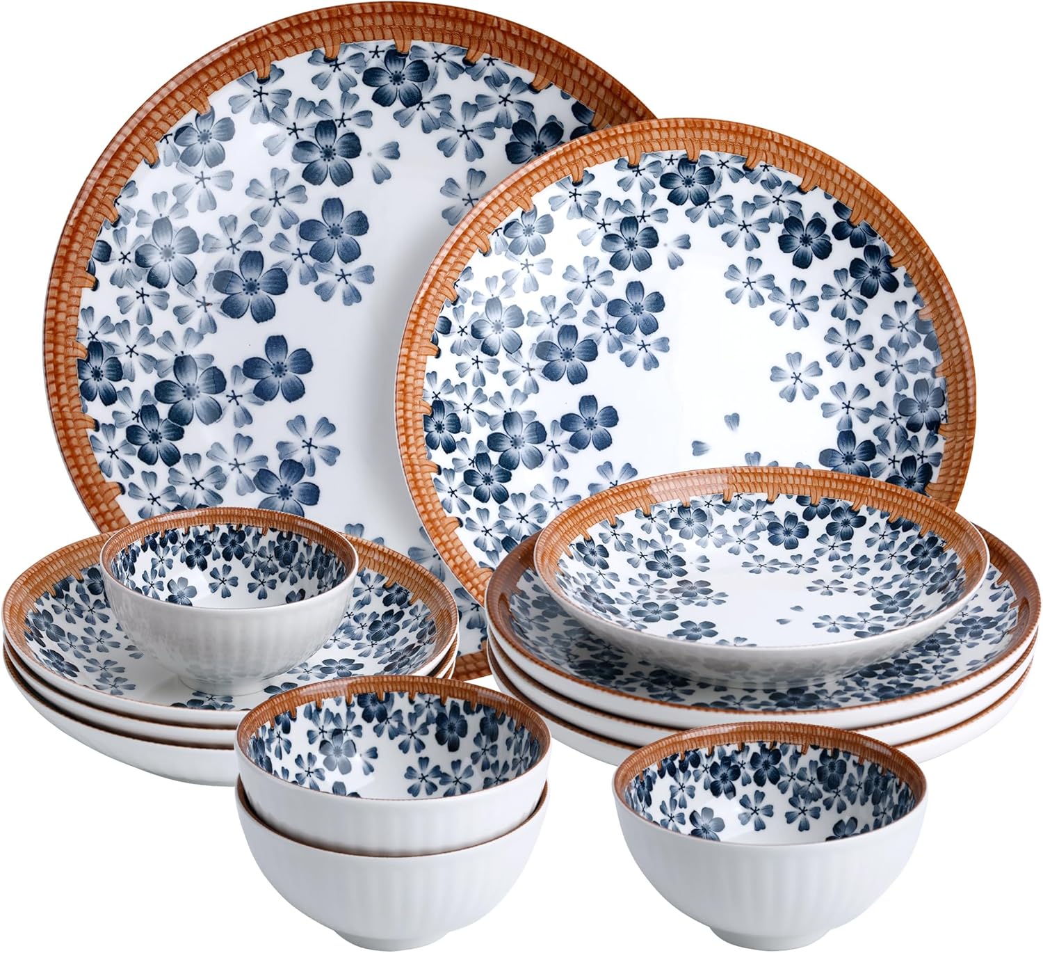 12-Piece Cherry Blossom Dinnerware Set, Japanese Sakura Porcelain Plates & Bowls, Service for 4, Microwave and Dishwasher Safe
