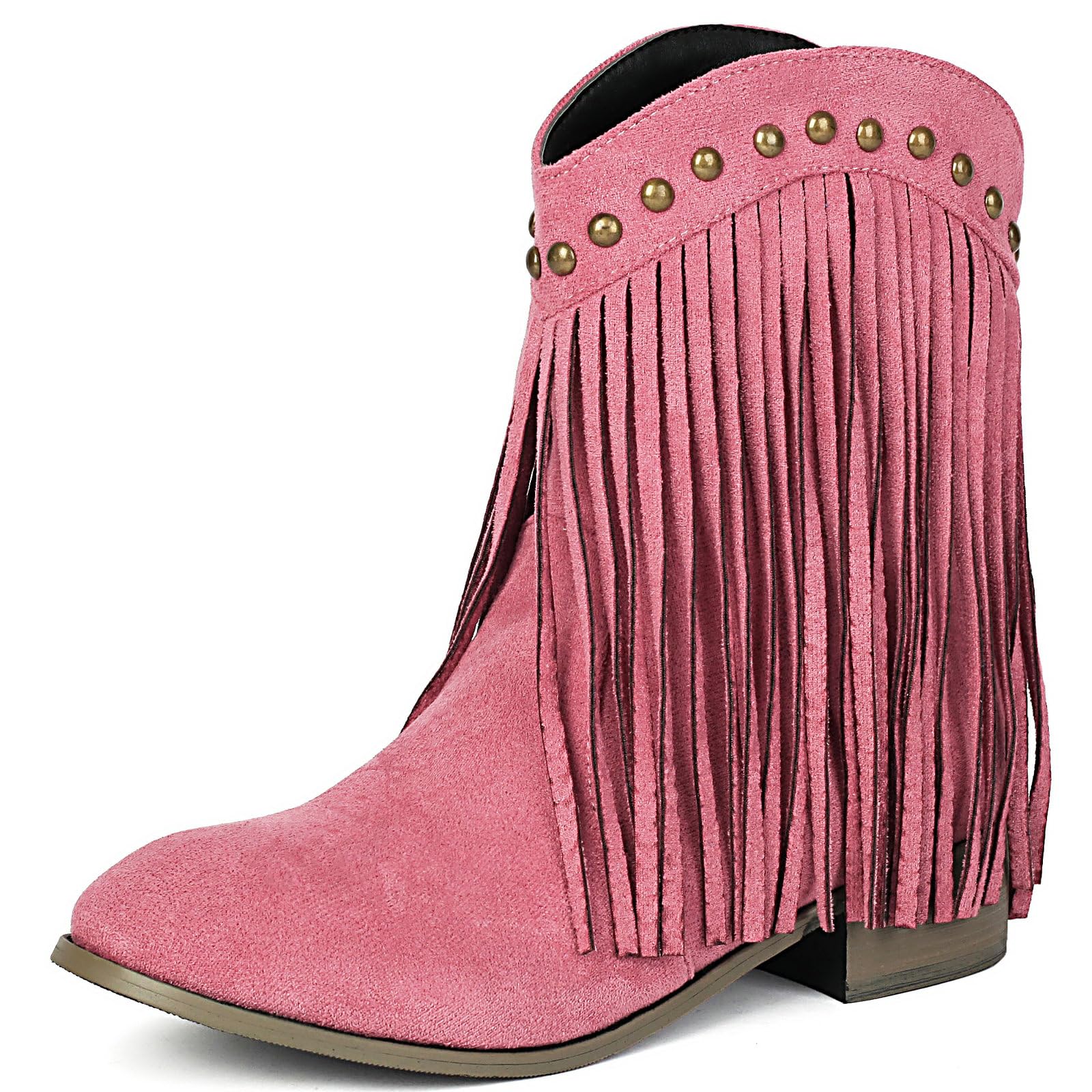 DINTAHA Tassel Fringe Cowboy Boots Faux Suede Cowgirl Boots Low Heel Pull On Western Boots