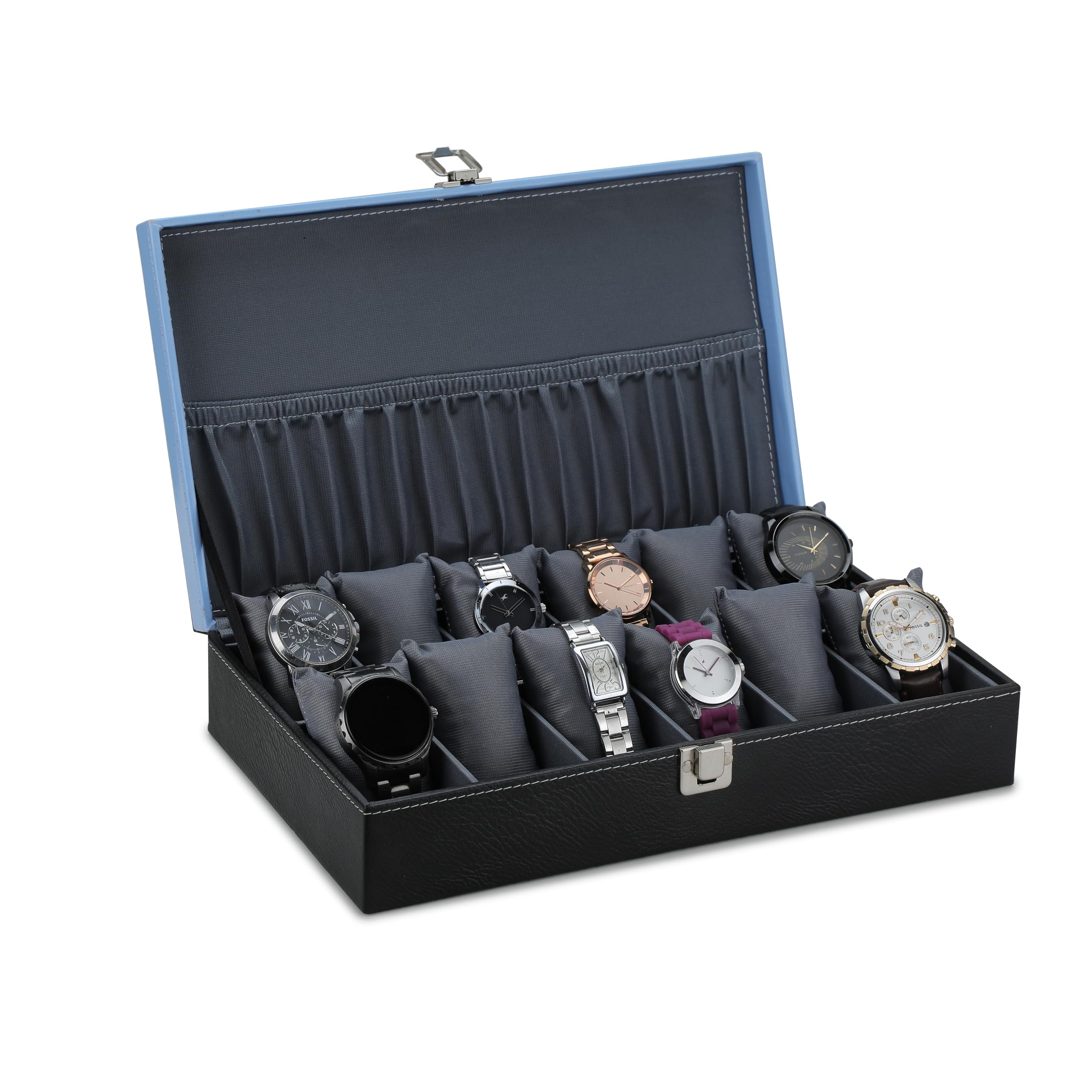 ZENWOOD Mens Womens, 12-Slot Watch Case with Large Glass Lid, Removable Watch Pillows, Watch Box Organizer, Gift for Loved Ones, Black and Sky Blue Leatherette, Grey Color Velvet (B0DB62PPDC) Amazon Price History, Amazon Price Tracker