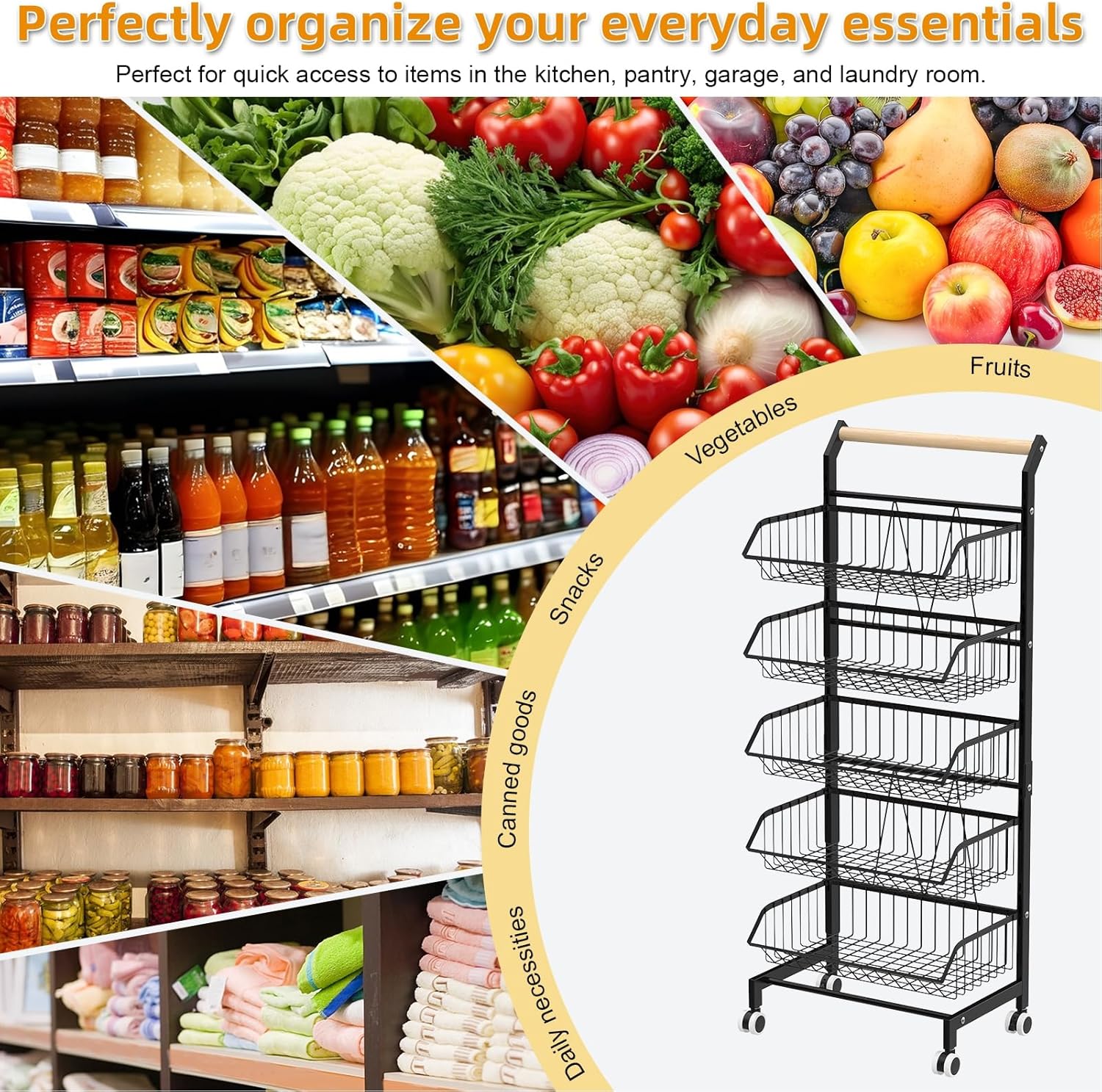 Kitchen Cart with Storage Fruit Vegetable Basket, 5-Tier Metal Wire Adjustable Snack Organizer Rolling Pantry Cart on Wheels, for Fruit, Potato, Onion, Vegetable, Snack, Produce Black