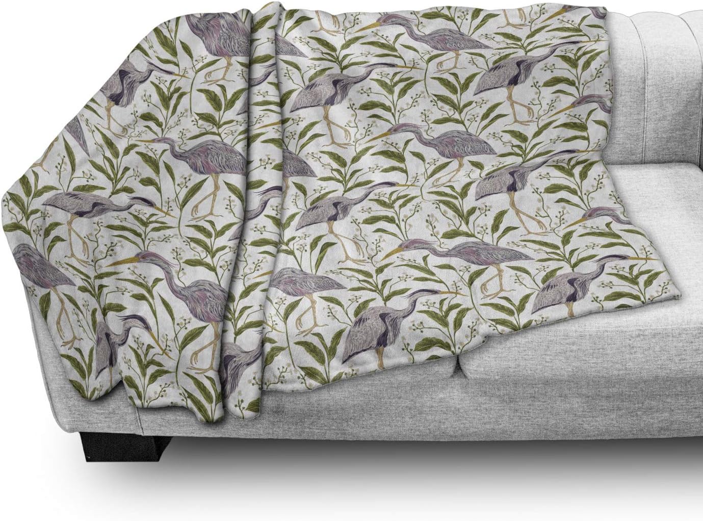 Lunarable Swamp Throw Blanket, Botanical Heron Bird Among Foliage Leaf Field Vintage Watercolor Art, Flannel Fleece Accent Piece Soft Couch Cover for Adults, 60" x 80", Olive Green Eggplant