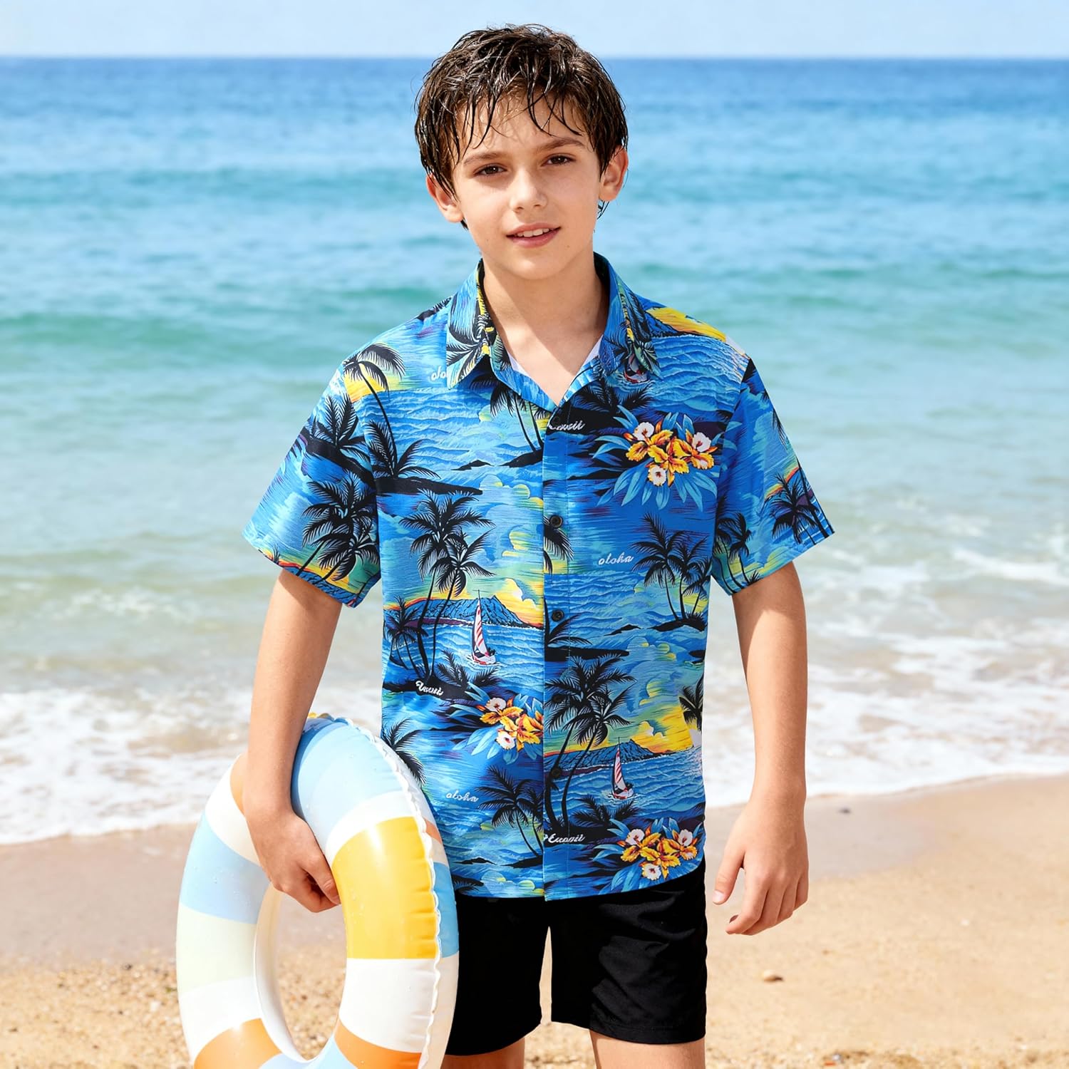 Weecreeture Boy's Button Down Hawaiian Shirt Short Sleeve, Kids Summer Beach Hawaiian Shirts for Boys for 7-14 Years - Image 6