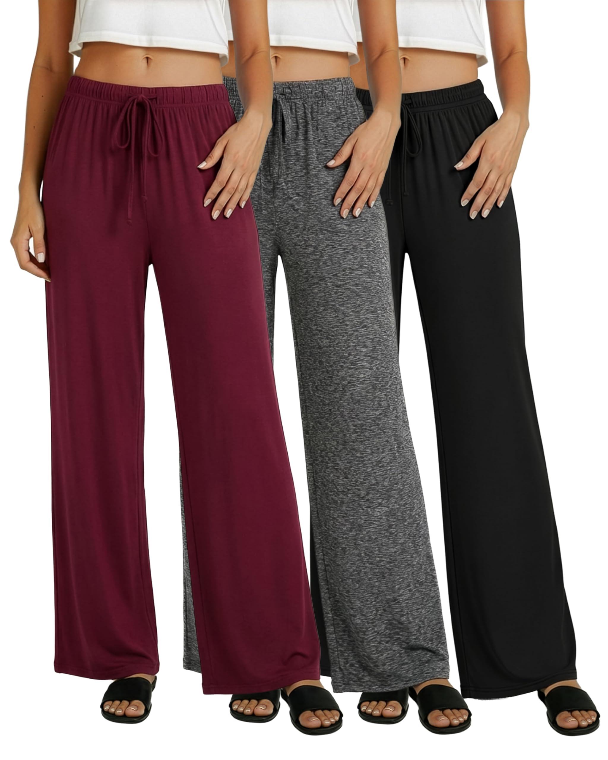 Real Essentials 3 Pack: Women's Soft Palazzo Pants - Wide Leg Yoga Casual Loungewear Pajama Pj Bottoms (Plus Available)