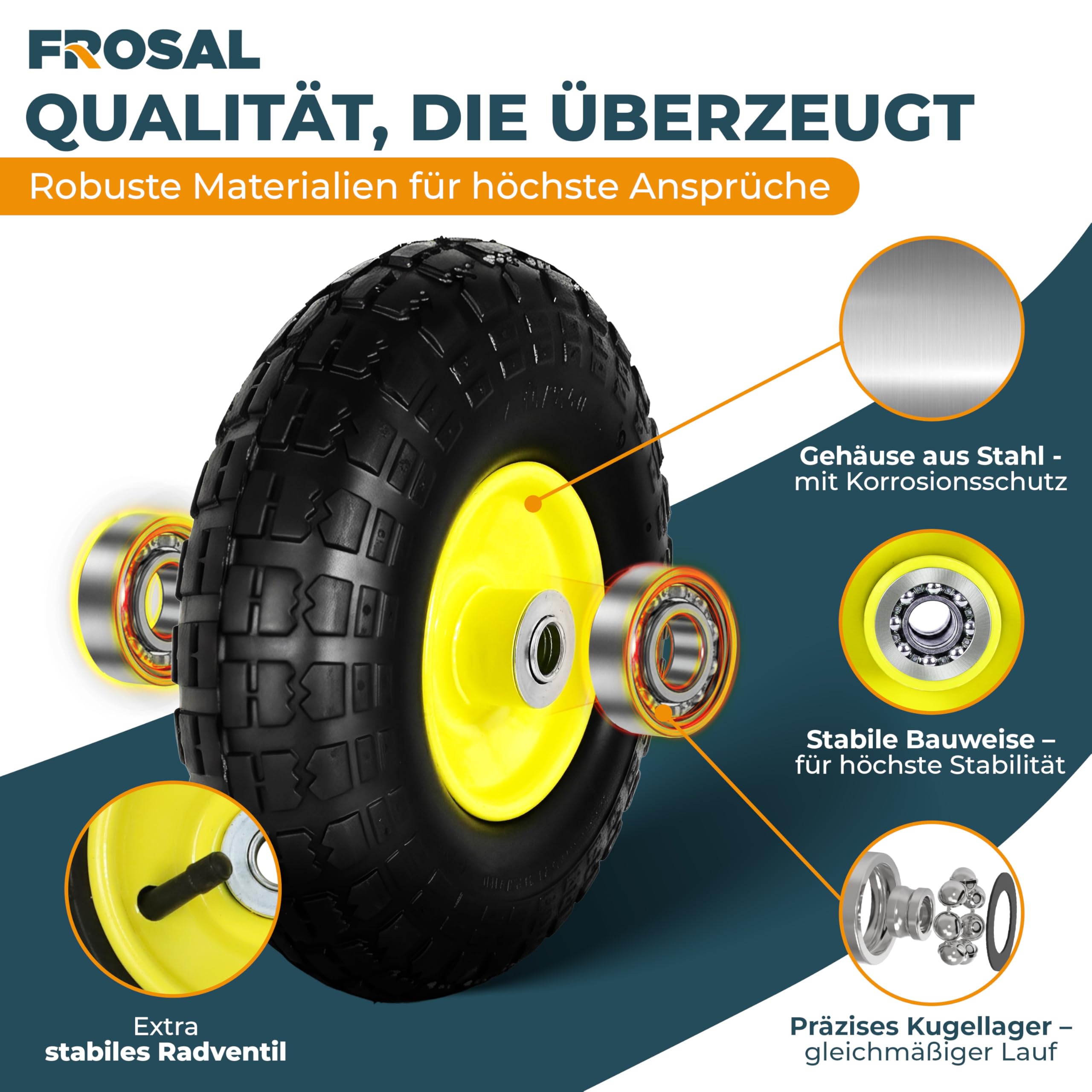 FROSAL Ersatzrad 4.10/3.50-4 (260×85) – 4 Stück – Luftreifen mit Kugellager – Nabenlänge 50 mm – Achse Ø 16 mm – gelbe Stahlfelge – mit praktischem Autoventil – für Bollerwagen & Sackkarren