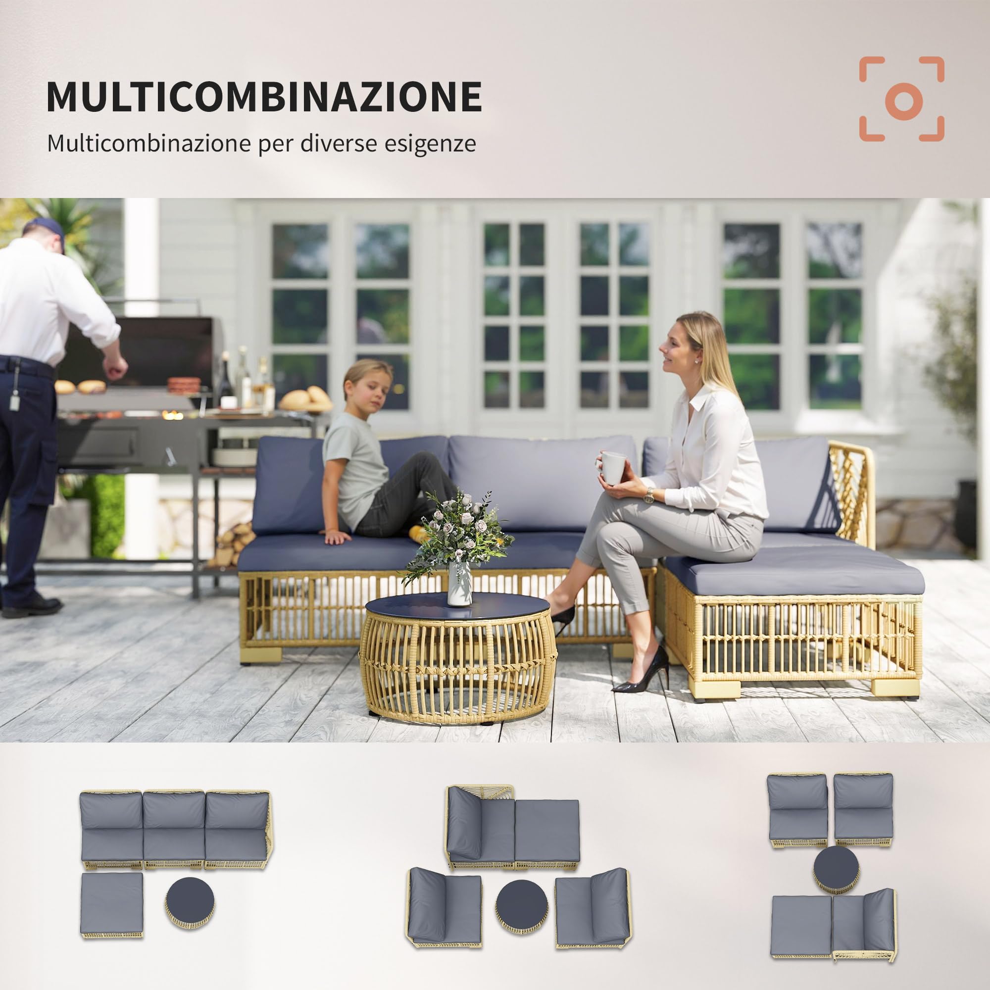 Outsunny Salotto in Rattan per Esterno da 5 Pezzi, Salottino da Giardino con Divano Modulabile, Cuscini e Tavolino da Caffè con Vetro, Grigio