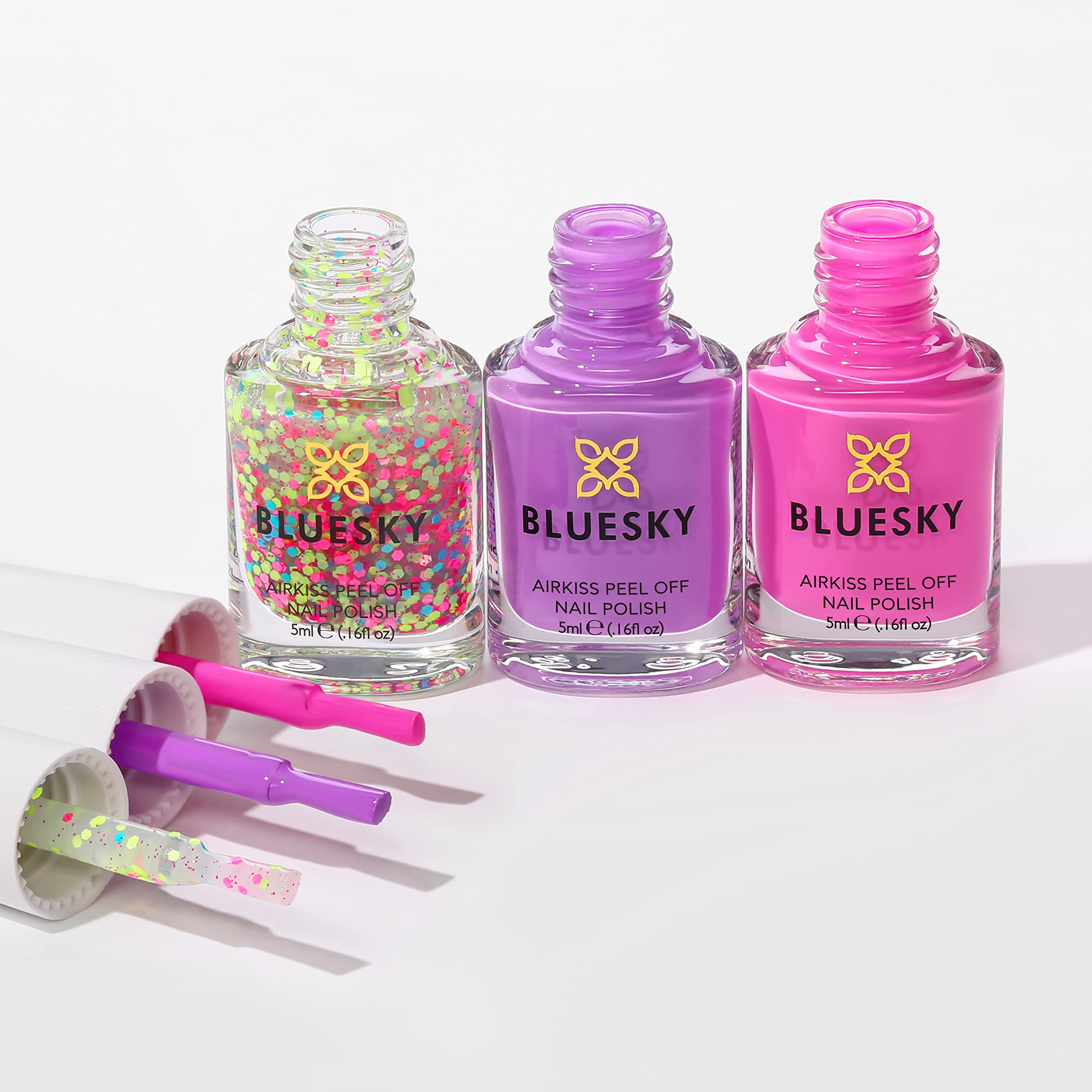 BLUESKY Zestaw Lakierów do Paznokci dla Dzieci, Kolekcja Czasu Imprezowego, Różowy, Fioletowy, Konfetti Brokat, Łatwy Peel-Off, Nietoksyczny, na Bazie Wody, 3 x 5 ml, Naklejki