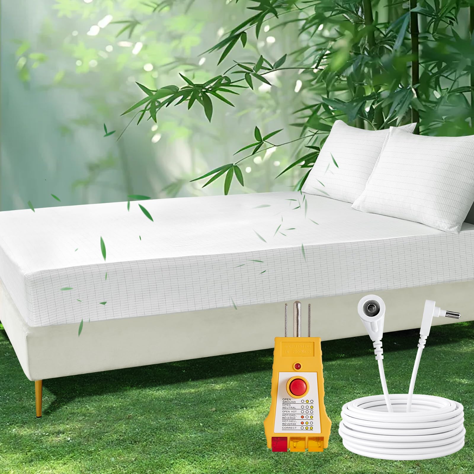 Grounding Sheets Full, 90% Viscose Derived from Bamboo & 10% Silver Fiber Grounded Bed Sheets, 15inch Deep Pocket Grounding Fitted Cooling Sheets with Tester &Cord - White, 54"x75"x15"