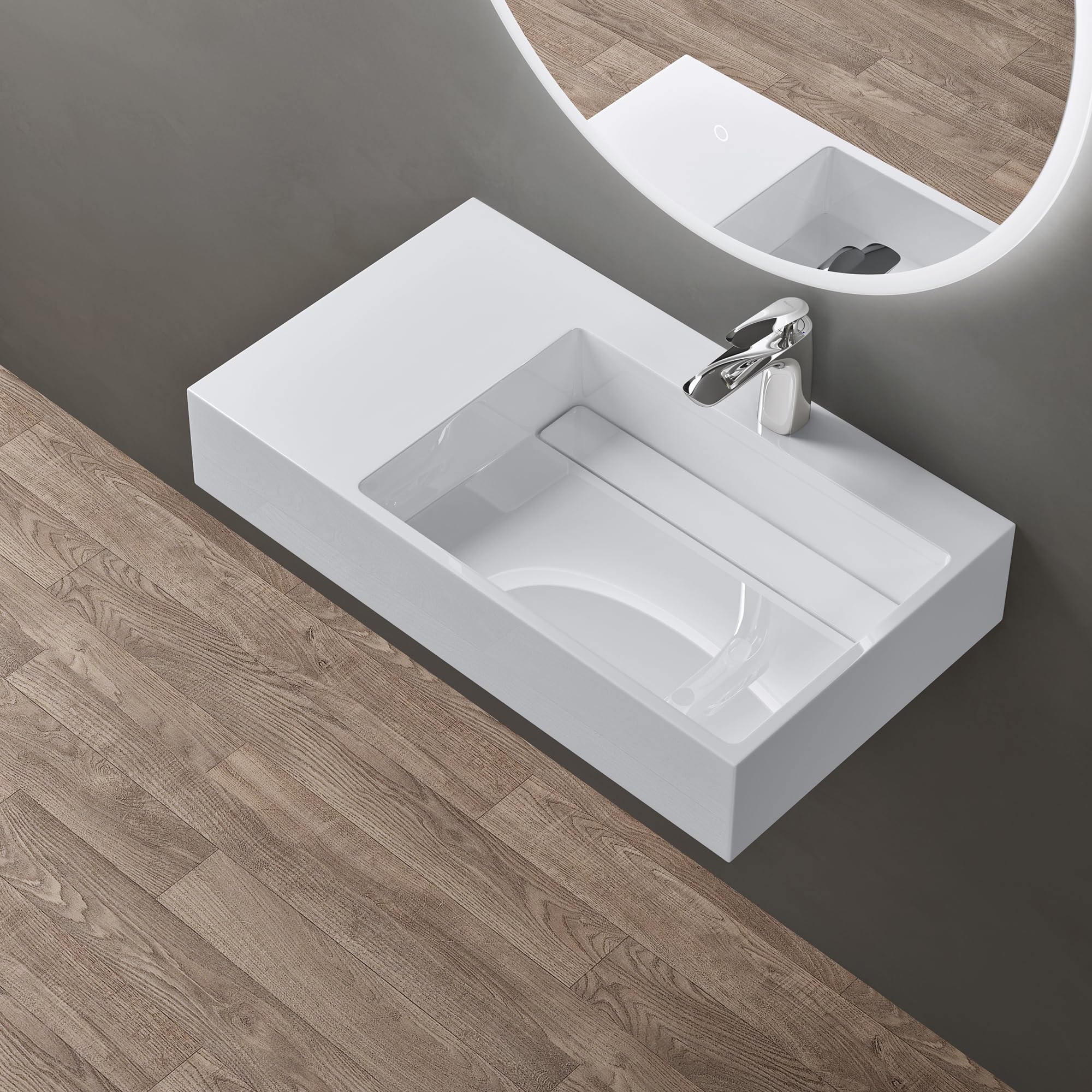doporro Lavabo Bagno Sospeso Lavabo da Appoggio Rettangolare in Marmo Resina Bianco Lucido, Vasca a Destra 75x43x14 cm con 1 Foro Rubinetto e Piletta Scarico, Colossum12