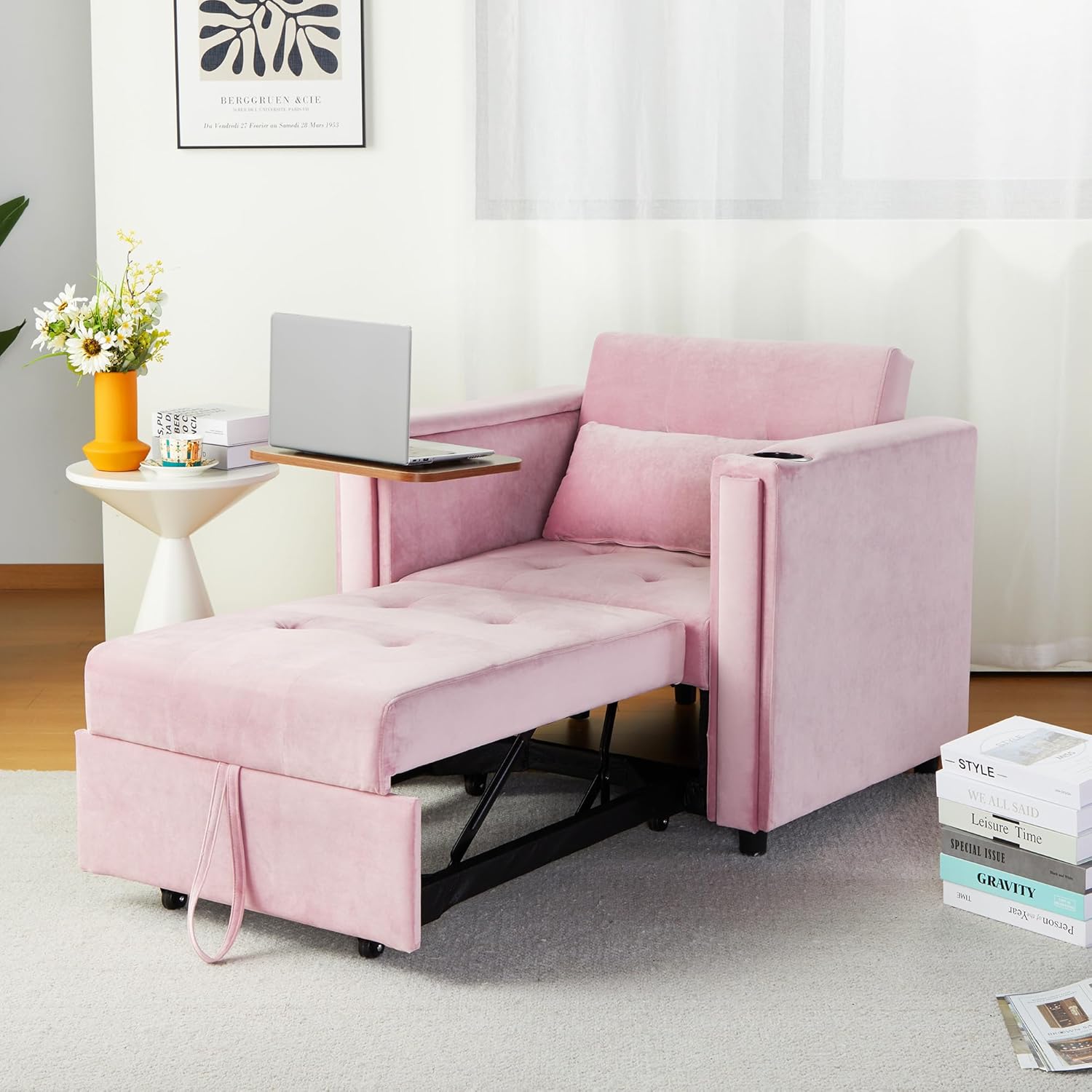 AVZEAR 4-in-1 Convertible Sleeper Single Sofa Chair, Multi-Functional Sofa Bed with Adjustable Backrest, Modern Velvet Sleeper Bed for Living Room Small Space, Pink