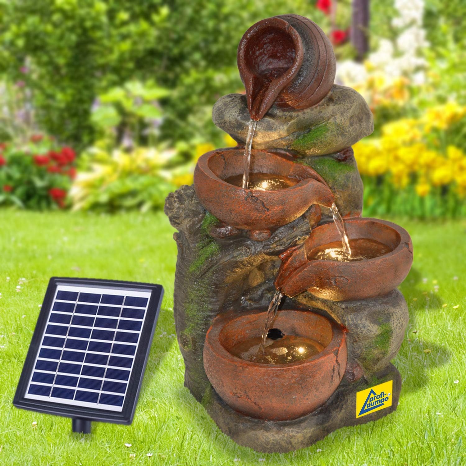 AMUR Fontaine Solaire de Jardin avec Batterie Li-ION et Lumière LED - Fontaine Décorative 4 Cruches pour Sublimer Votre Terrasse, Balcon - Fonction de Démarrage Instantanée