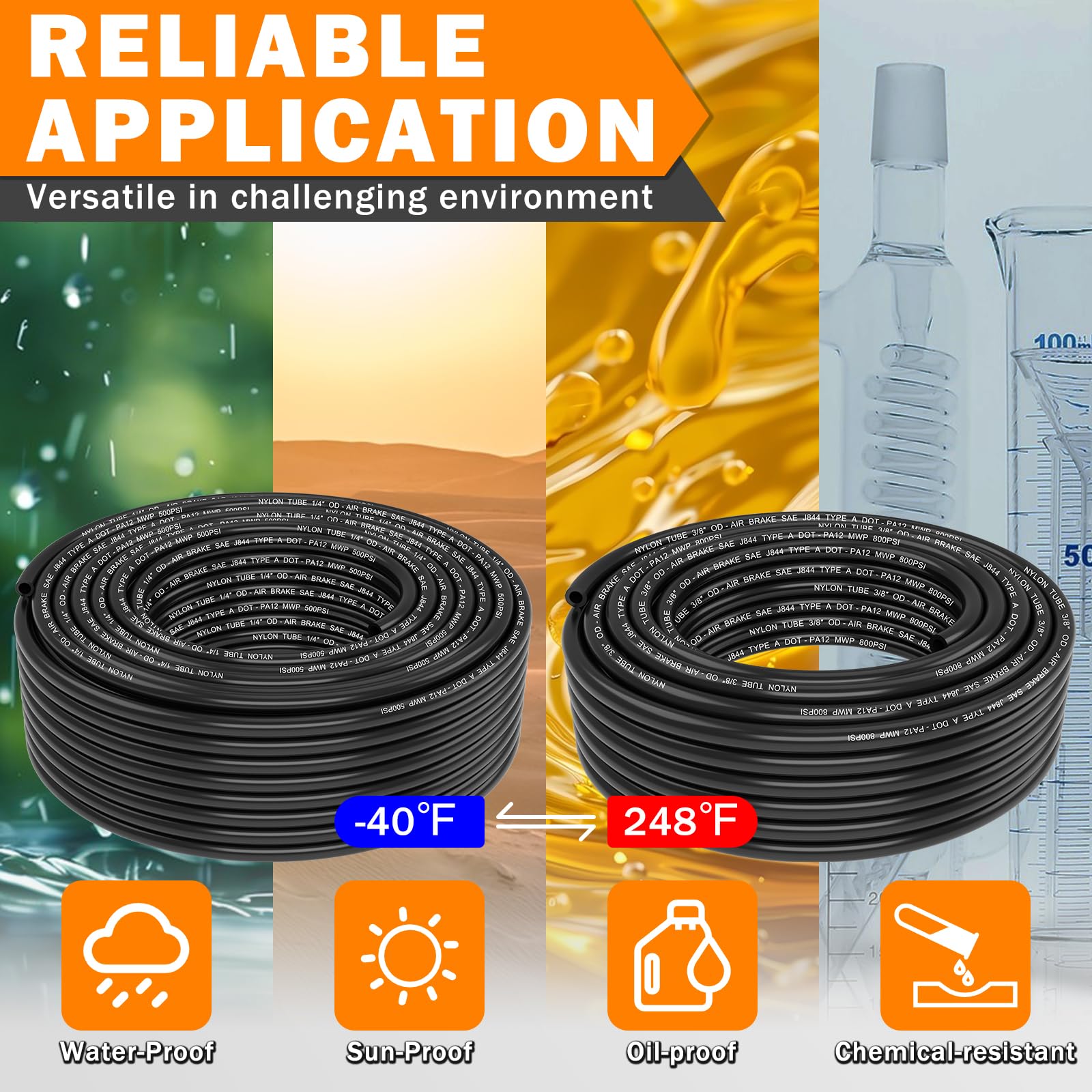 CheeMuii Kit de 2 rollos de tubos neumáticos de 100 pies de línea de aire DOT de 1/4 pulgadas y 50 pies de 3/8 pulgadas DOT de manguera de aire de 46 metros de 1/4 y 3/8 pulgadas PA12 de nailon