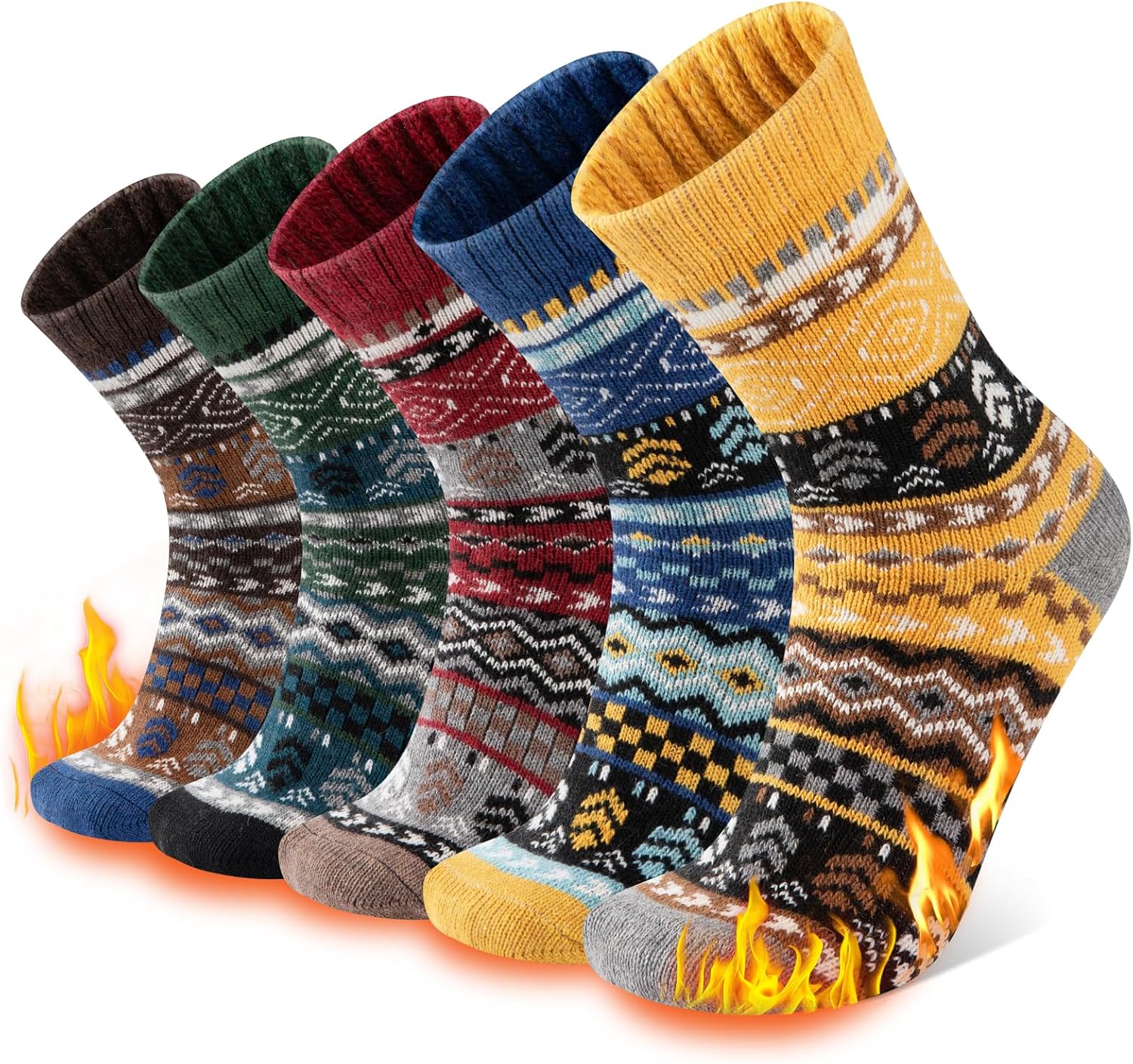 COOPLUS Wool Socks Mens Thick Winter Warm Hiking Pattern Thermal Crew Socks for Cold Weather 5 Pairs