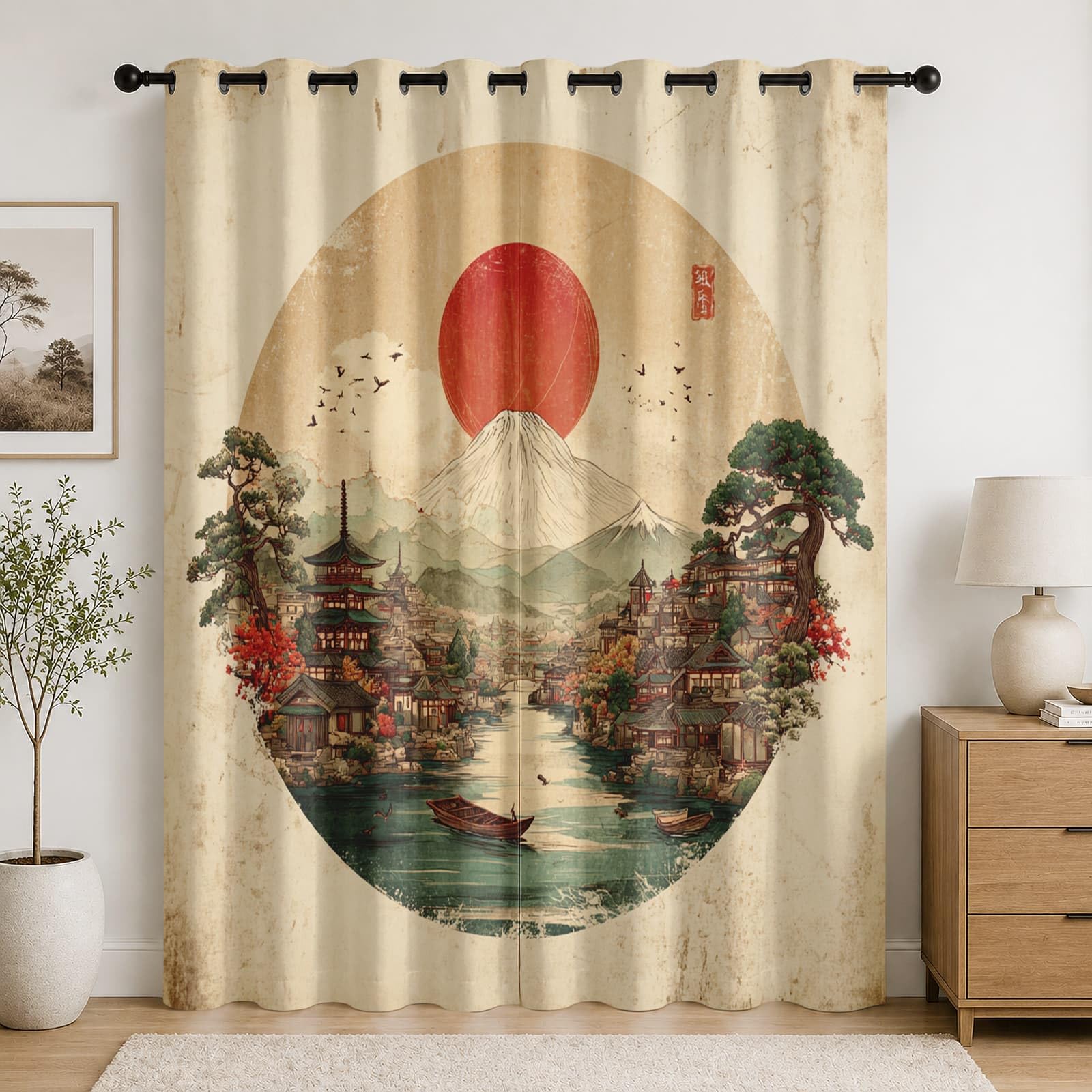 Infantil Cortinas Opacas Aislantes 2 Paneles 140An x 260Al cm Estilo JaponéS Arquitectura Paisaje Suave Poliéster Termicas Cortina con Ojales Verde para Salon Dormitorio Oficina Hogar Decorativa