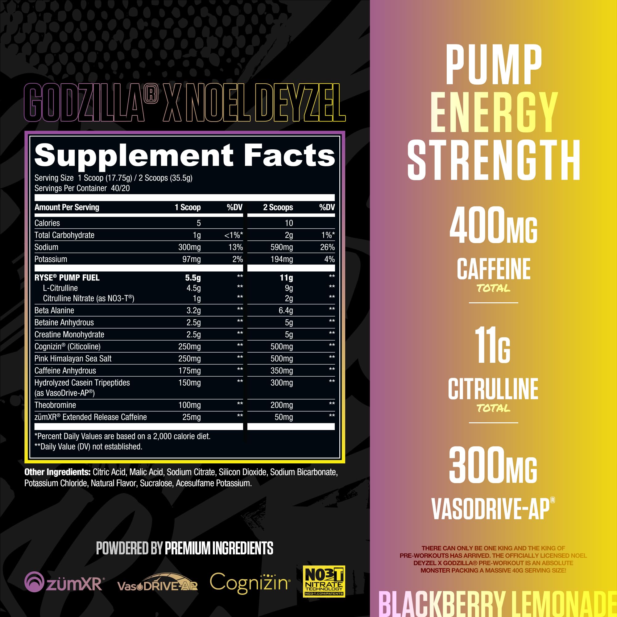 RYSE Godzilla X Noel Deyzel Pre Workout Powder - BlackBerry Lemonade - 400mg Caffeine, High Stim Pre-Workout for Men & Women with Citrulline & Beta Alanine - Energy, Pump & Focus - 20/40 Servings — Amazon image 2
