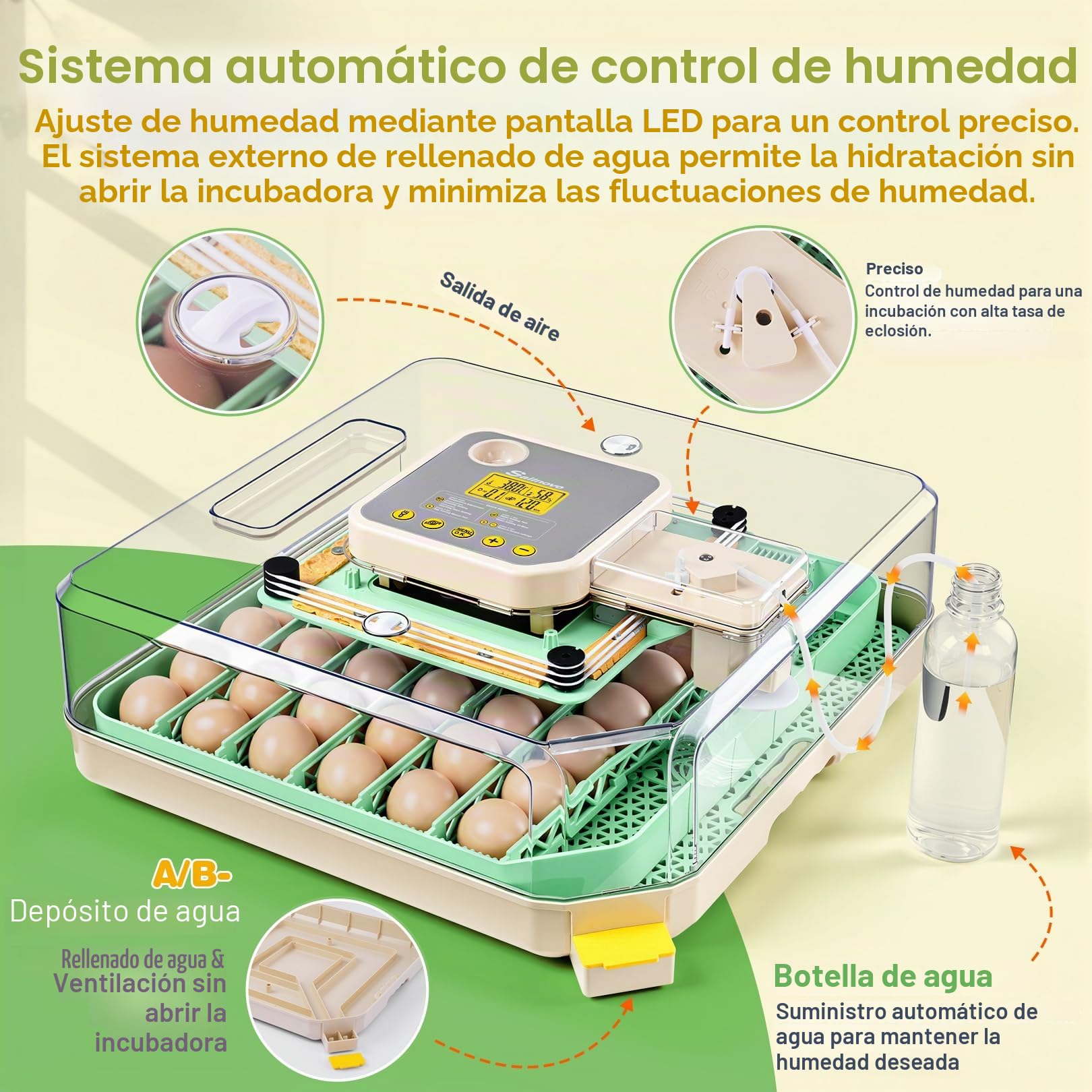 Sailnovo Incubadora de Huevos Automática 48 Huevos con Control Preciso Temperatura/Humedad, Volteador Automático de Huevos, Vista 360°, Ovoscopio Para Huevos, Para Gallina/Pato/Codorniz,Verde
