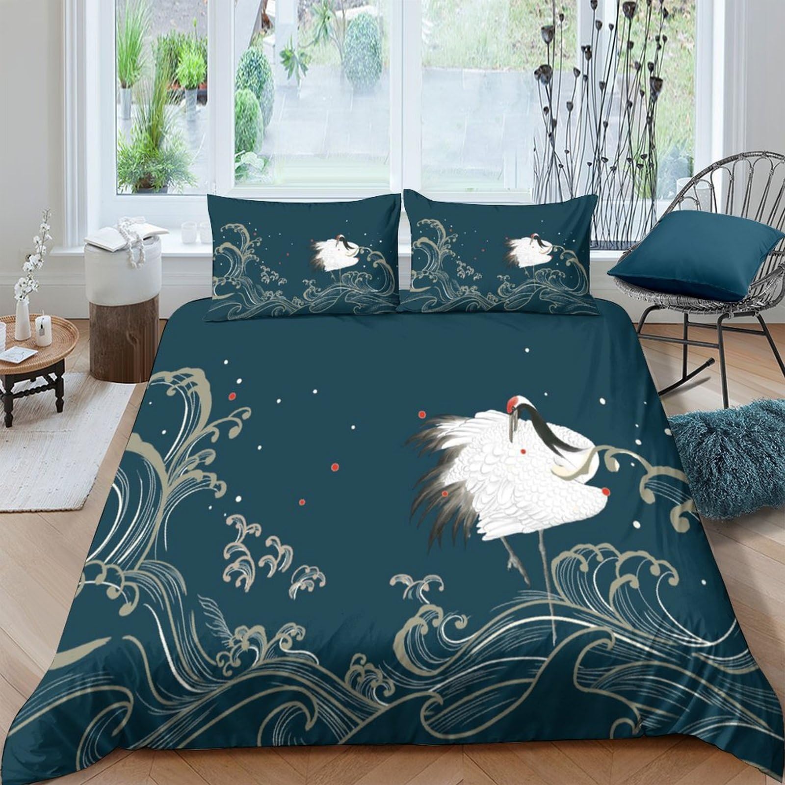 Ctjqhvkz Style-5 3D Printed Elegant White Crane Fitted Sheet Microfiber Navy Blue Artistic Wave Mattress Cover For Bedroom Dorm Decor Single（135X200cm）