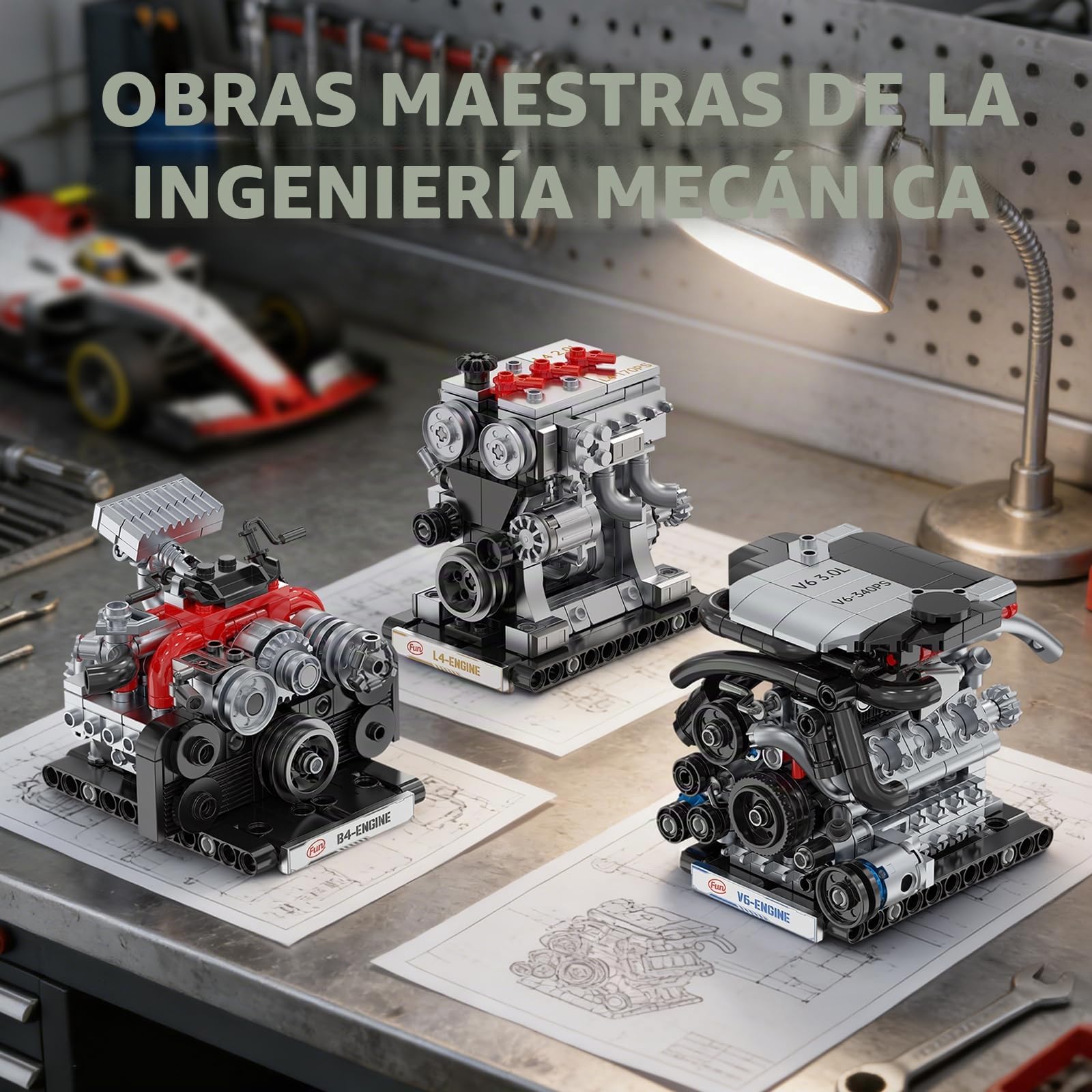 JMBricklayer V6 L4 B4 Kits de modelo de motor que funciona, bloques de construcción mecánicos de motor de coche STEM 3-en-1 para adultos y adolescentes, juguete de motor de bricolaje, para exhibición