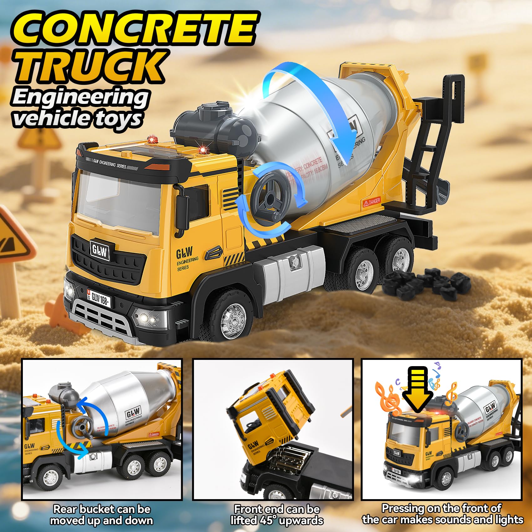 Costruzione Camion Giocattolo, 1:40 Camion Betoniera Rullo, Giochi da Veicoli da Costruzione Set, Veicolo da Cantiere con Suono e Luce, Veicoli da Trasporto per Ragazzi 3 4 5 6 Anni