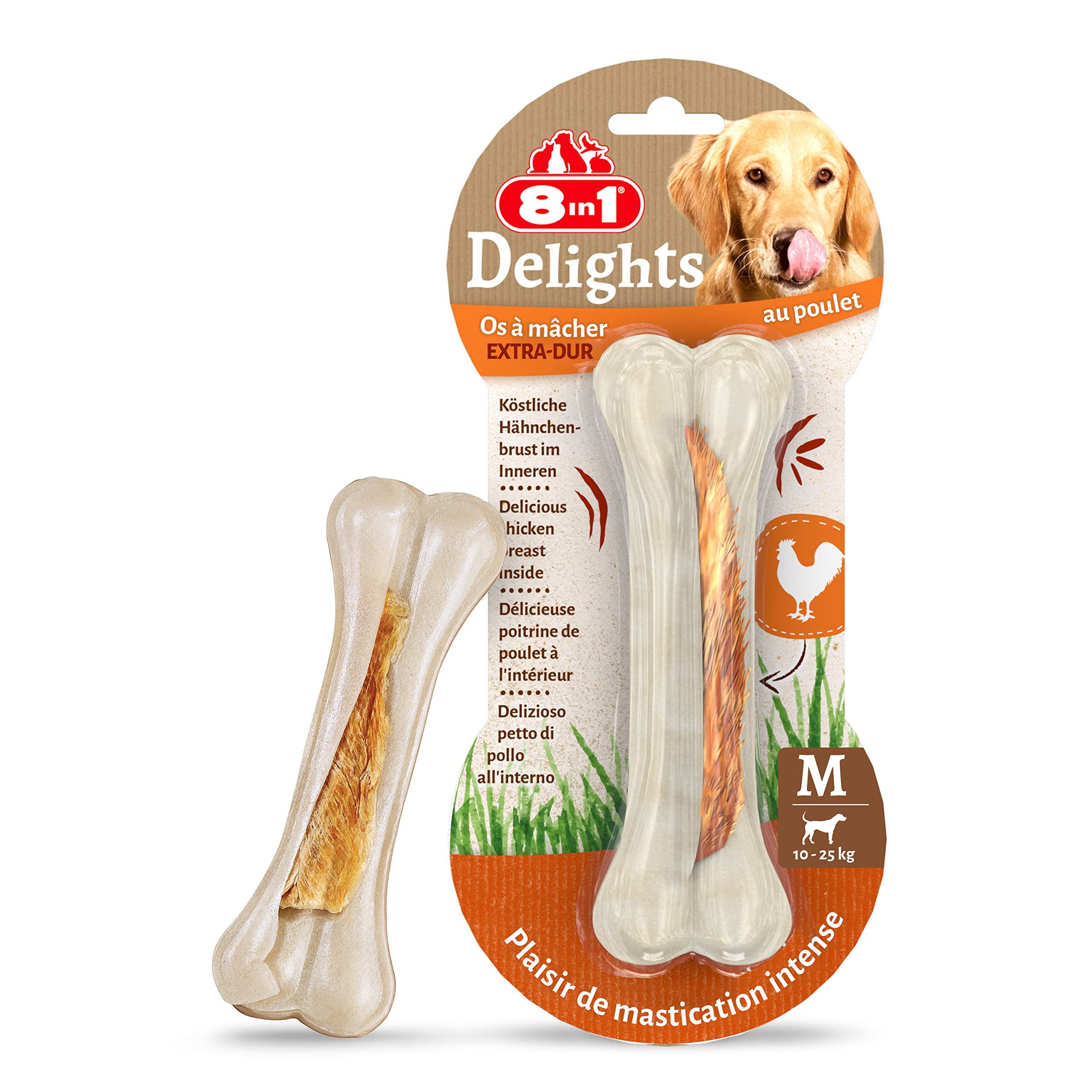 Os à mâcher garni de poulet 8in1 Delights Strong M pour occuper le chien