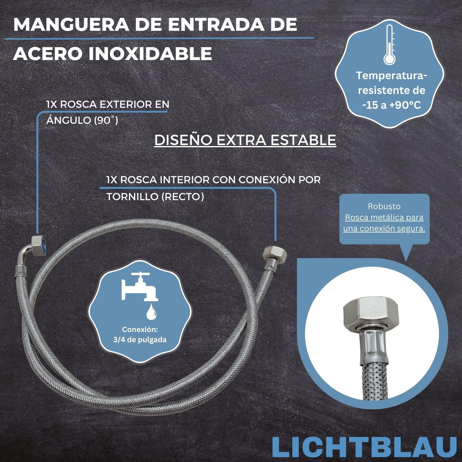 LICHTBLAU Manguera de entrada de acero inoxidable resistente a las torceduras, 10 m, conexión de 3/4 de pulgada, para lavadoras y lavavajillas, manguera acodada/recta con junta, de uso universal.