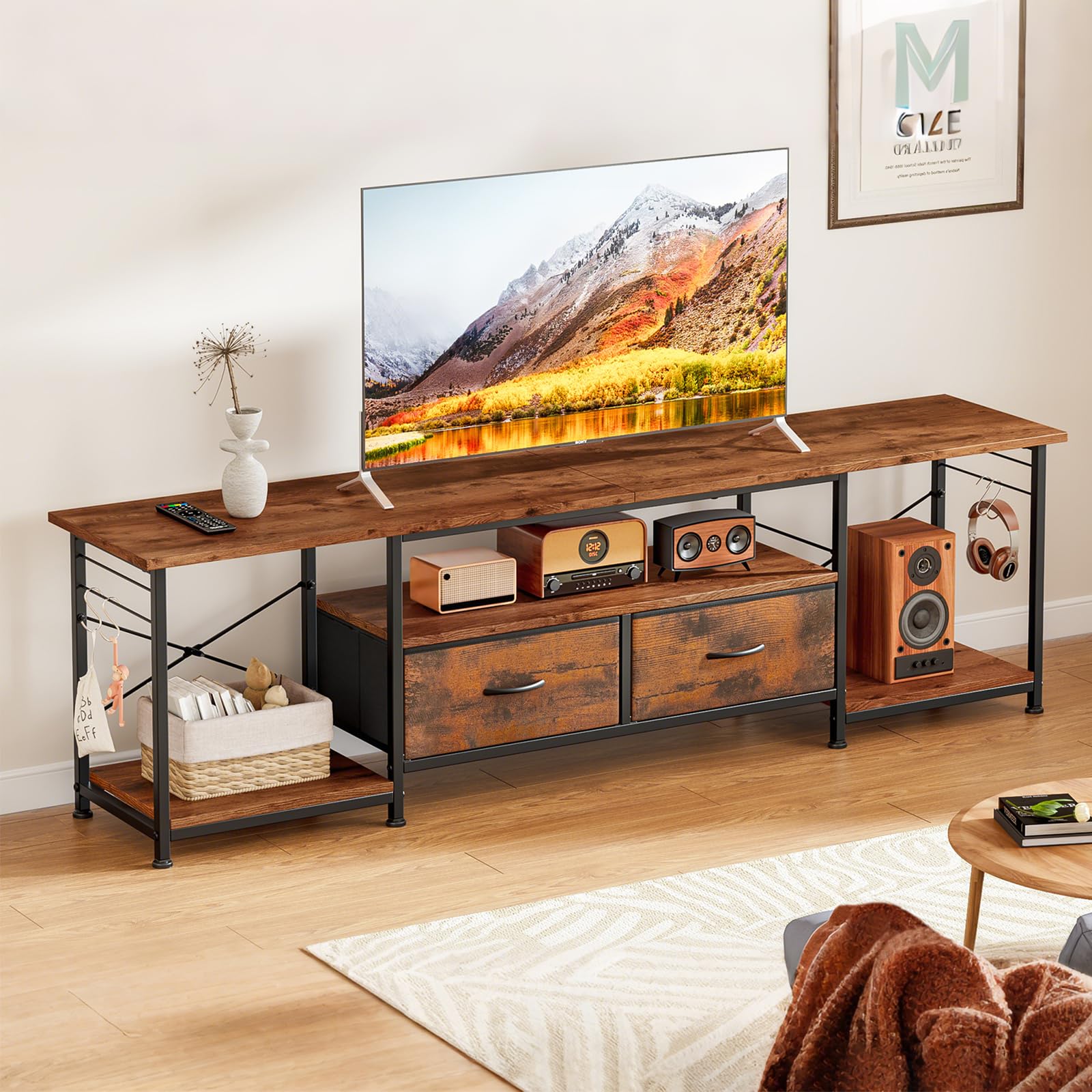 KZOBYD TV-Ständer für Fernseher bis zu 177,8 cm, TV-Einheit, TV-Konsolentisch mit Schublade und offenen Regalen, 160 cm, Media-Entertainment-Center, TV-Ständer, Kommode für Wohnzimmer und Schlafzimmer