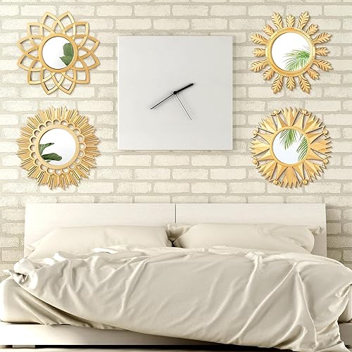 Miniatura 6 de Dandat Juego de 4 espejos dorados para decoración de pared, pequeños círculos de flores, espejos decorativos plateados para colgar en la pared,