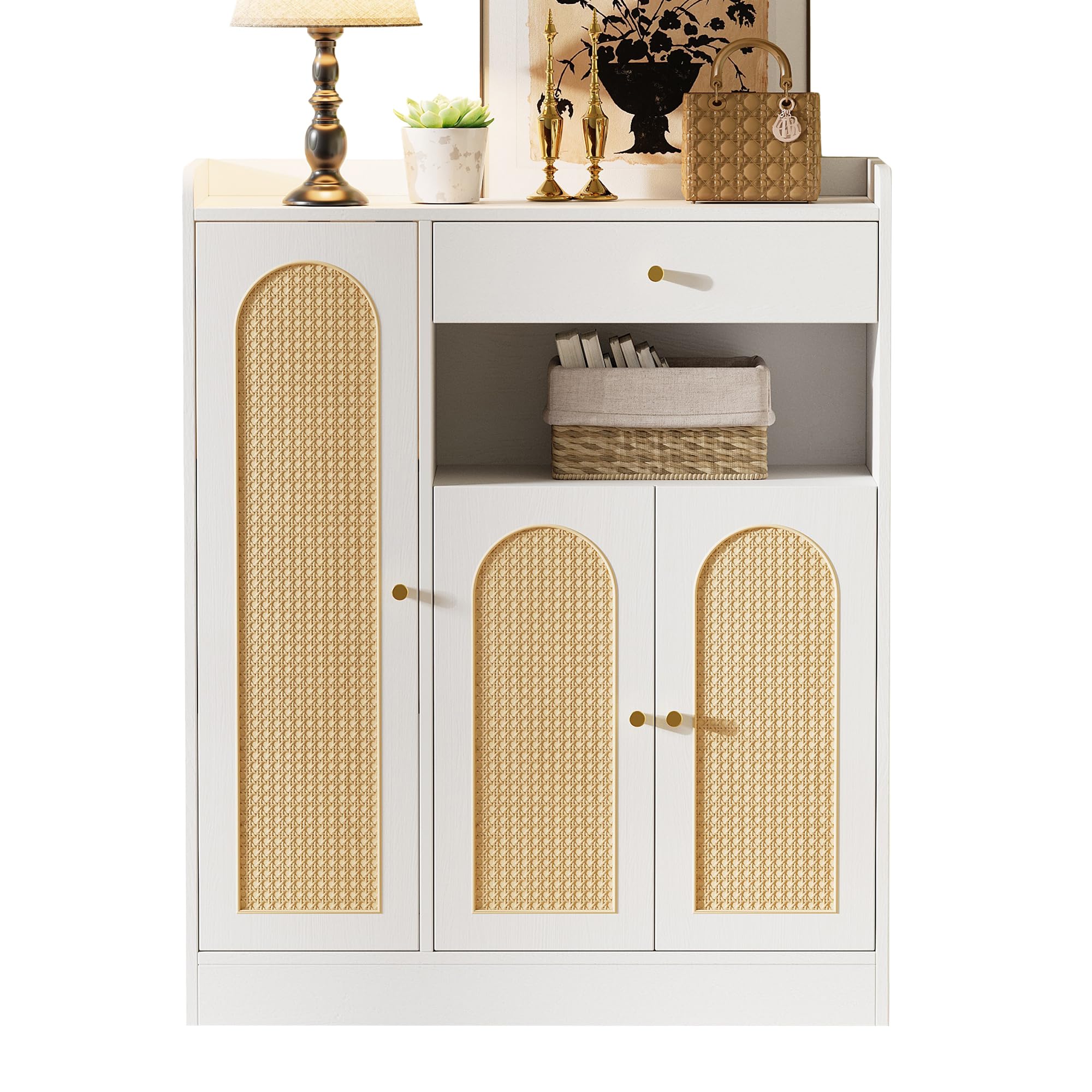 Zapatero (90 x 35 x 110 cm, con 3 puertas, cajón, aspecto de ratán), color blanco natural | Zapatero de color natural con 3 puertas, cajón, estantes ajustables, sistema antivuelco y efecto ratán.