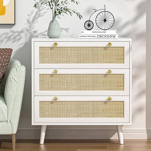 White 3 Drawers Rattan Dresser Wood Chest of Drawers Bedroom Clothes Drawers with Sturdy Handles & Legs, Boho Rattan Closet Dresser for Bedroom, Living Room, Hallway 80 x 40 x 91.44 cm
