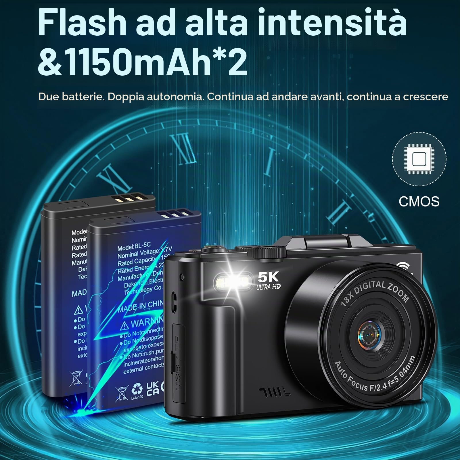 Fotocamera digitale 5K per fotografia, fotocamera da 75 MP WiFi per YouTube, fotocamera digitale UHD 18X Zoom con schermo flip da 3" 180°, flash da viaggio con scheda SD da 32 GB, per principianti e