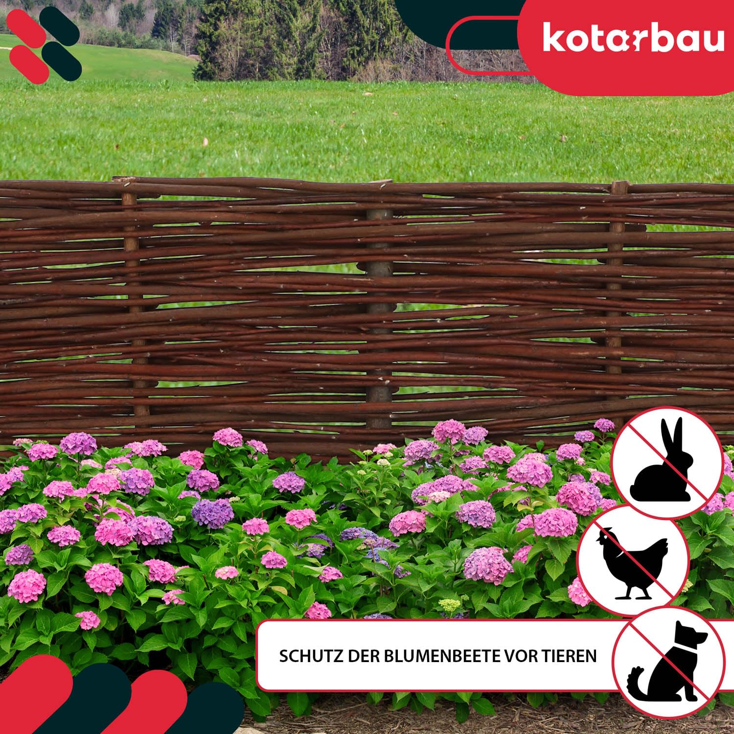 KOTARBAU® 5er Set Beeteinfassung - 100 x 20 cm - Weidezaun - Beetumrandung aus Weide - Beet Zaun - Mini Steckzaun - Abgrenzung für Blumen- & Kräuterbeet - Garten Deko - Weide - Braun