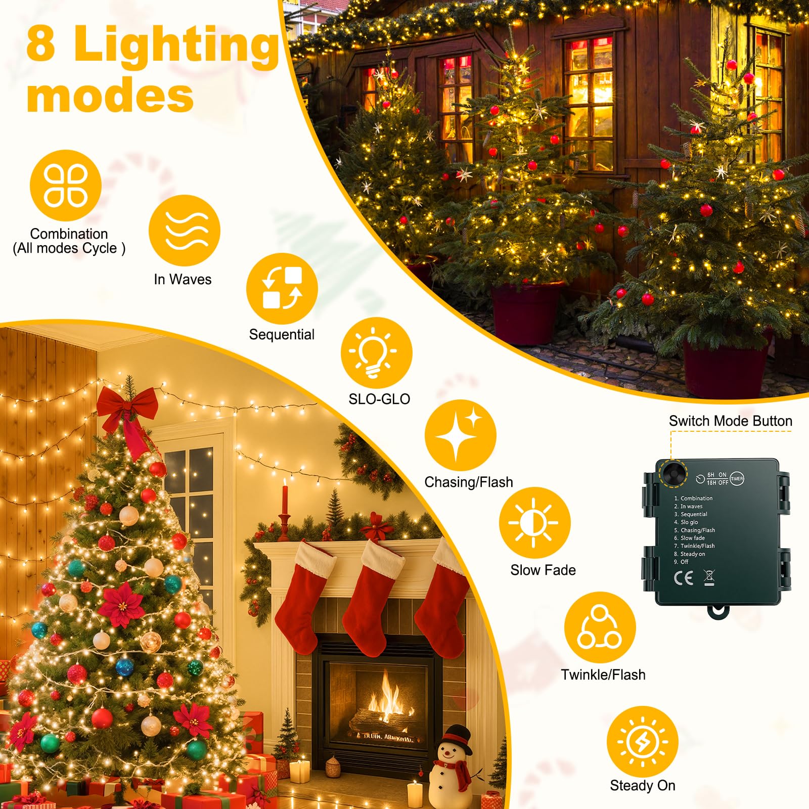 Luci Albero Di Natale a Batteria, 21M 210 LED Stringa Luci Impermeabile con Scatola Batteria Verde Scuro - 8 Modalità, Timer, Bianco Caldo per Interni/Esterni, Festa, Giardino, Natale