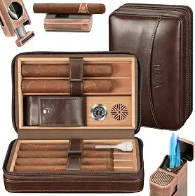 TISFA Umidor de charutos, estojo de couro para charutos com acendedor de charutos, corte em V, suporte para charutos 3 em 1, umidificador portátil de viagem com higrômetro, caixa de charutos de