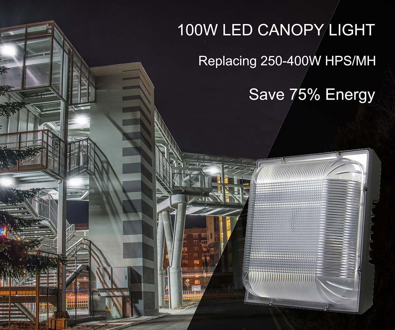 Best Deal Cheap 🛒 LED Canopy Light 100W, 250-400W HPS/MH Replacement, 12.4 x 12.4 Square Ceiling Lights, 5000K 11000lm 100-277Vac IP65 Waterproof for Warehouse Gas Station Car Wash, 10-Year Warranty by Kadision
