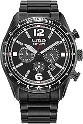 Relógio masculino casual esportivo Eco-Drive, pulseira preta de aço inoxidável, mostrador preto, cronógrafo, data (modelo: CA4655-52E)