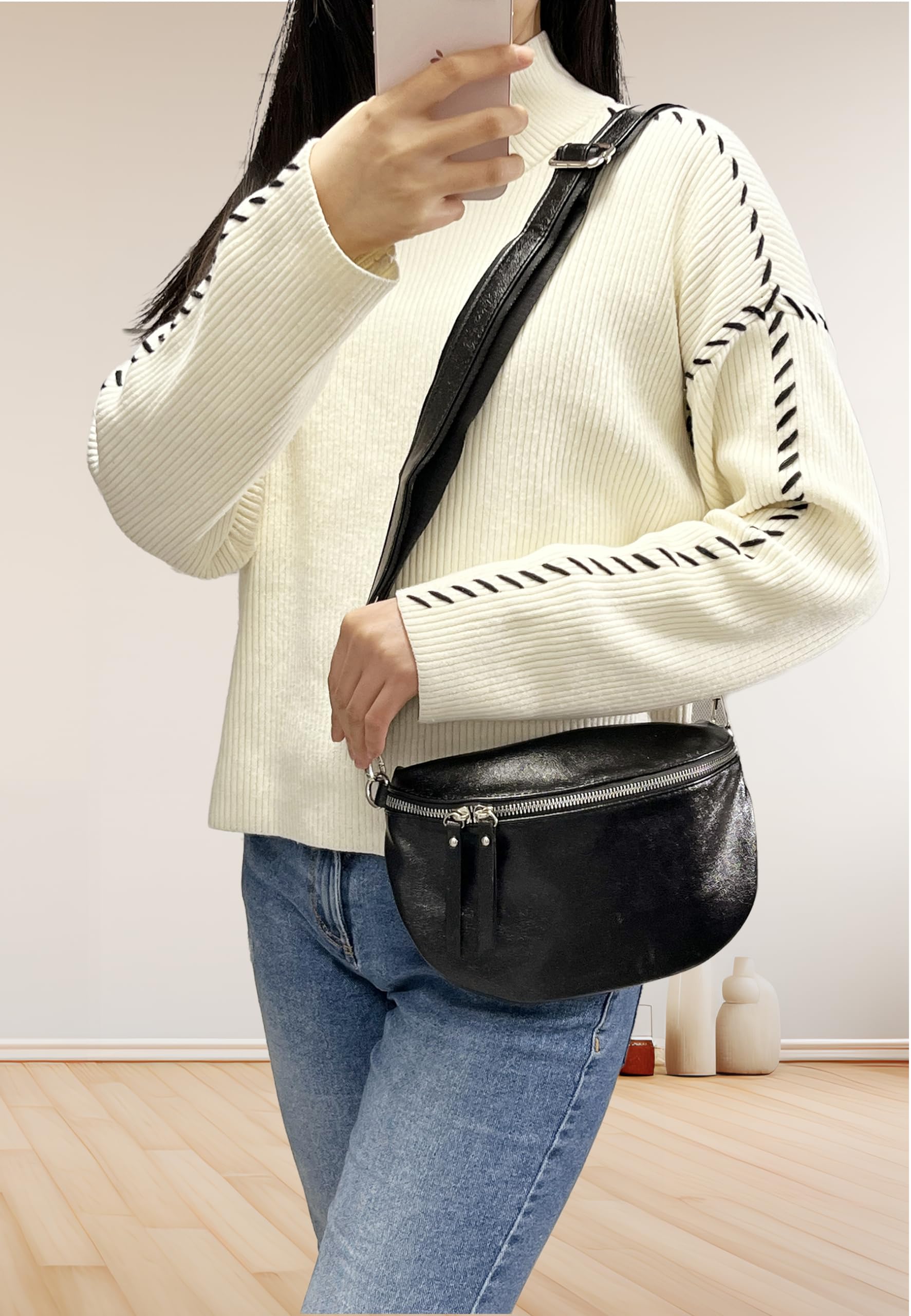 Flora CO Paris | Sac Banane Bandoulière Femme Irisé Noir | Porté Épaule Croisé Ou Devant Poitrine | Ultra Léger | Brillant Similicuir Souple | Mode Chic