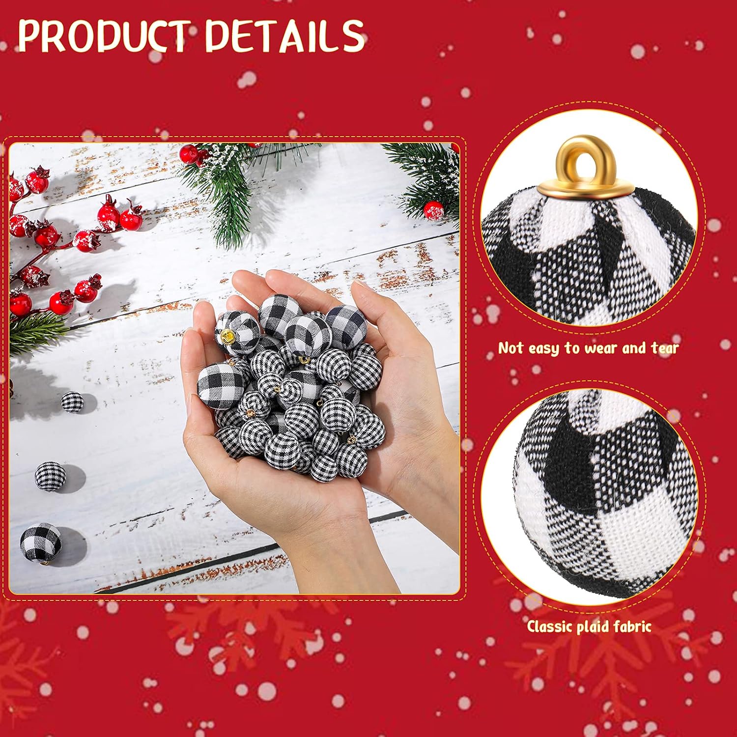 60 Pieces Mini Christmas Ball Ornaments Multi-Size Buffalo Check Fabric Wrapped Balls Decorative Xmas Tree Wreath Hanging Pendant for Holiday Party Decorations (Black-White Plaid)