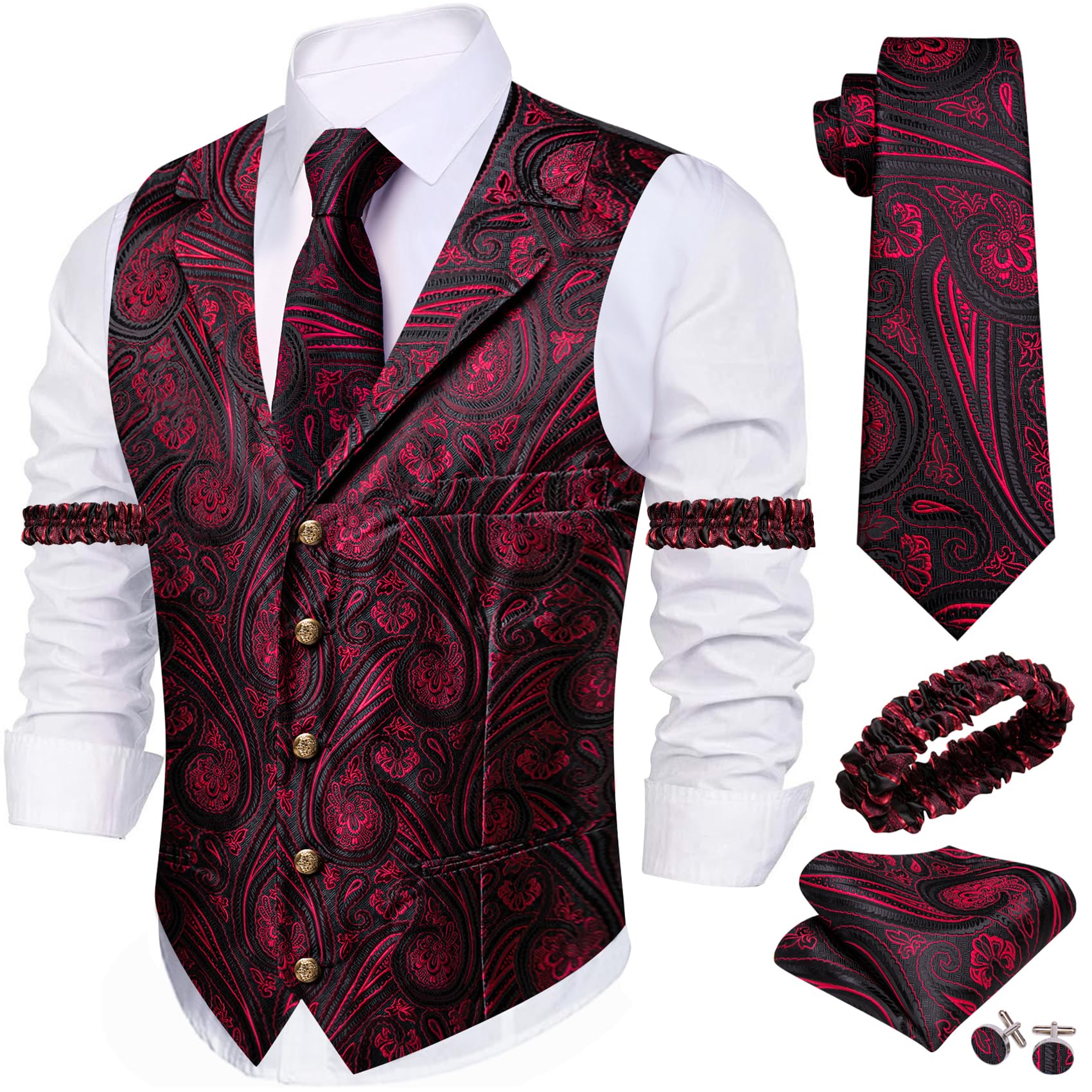 Barry.Wang Mens Silk Paisley/Floral Suit Vest Tie Sleeve Holder Set 5PCS