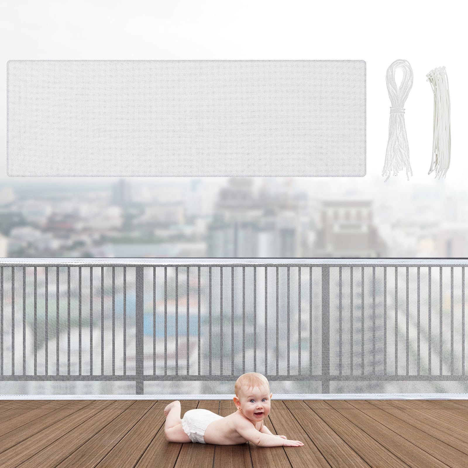 Photo 1 of Hosuly Banister Guard 18 x 3 ft Balcony Netting for Kids Pets Stairway Safety Net Baby Fence Door Balcony Netting Safety Mesh Stair Net with No Drilling for Apartment Railing(White)