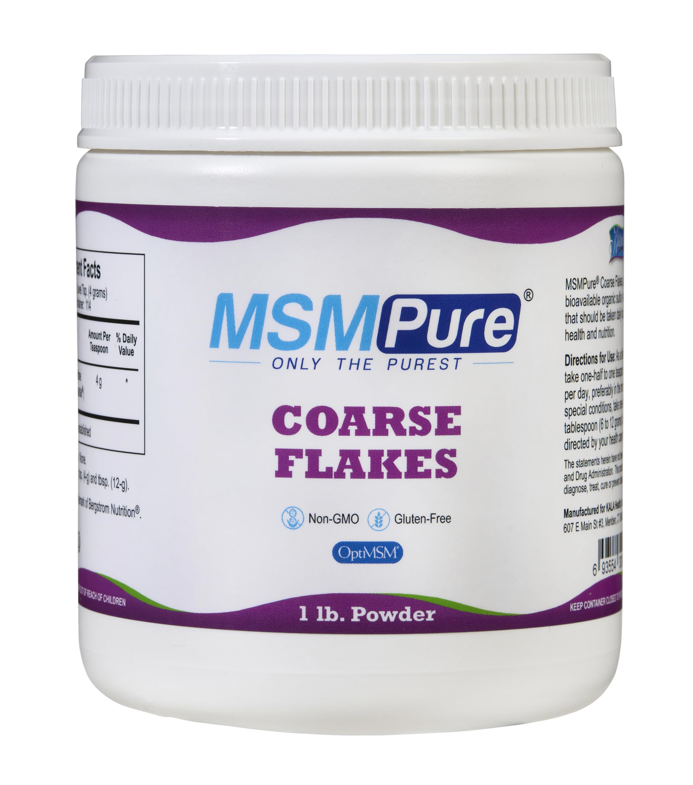 Kala Health MSMPure MSM - 1 lb Coarse Powder Flakes, 99.9% Pure Distilled Organic Sulfur Crystals for Joint Health, Skin & Hair, Made in the USA